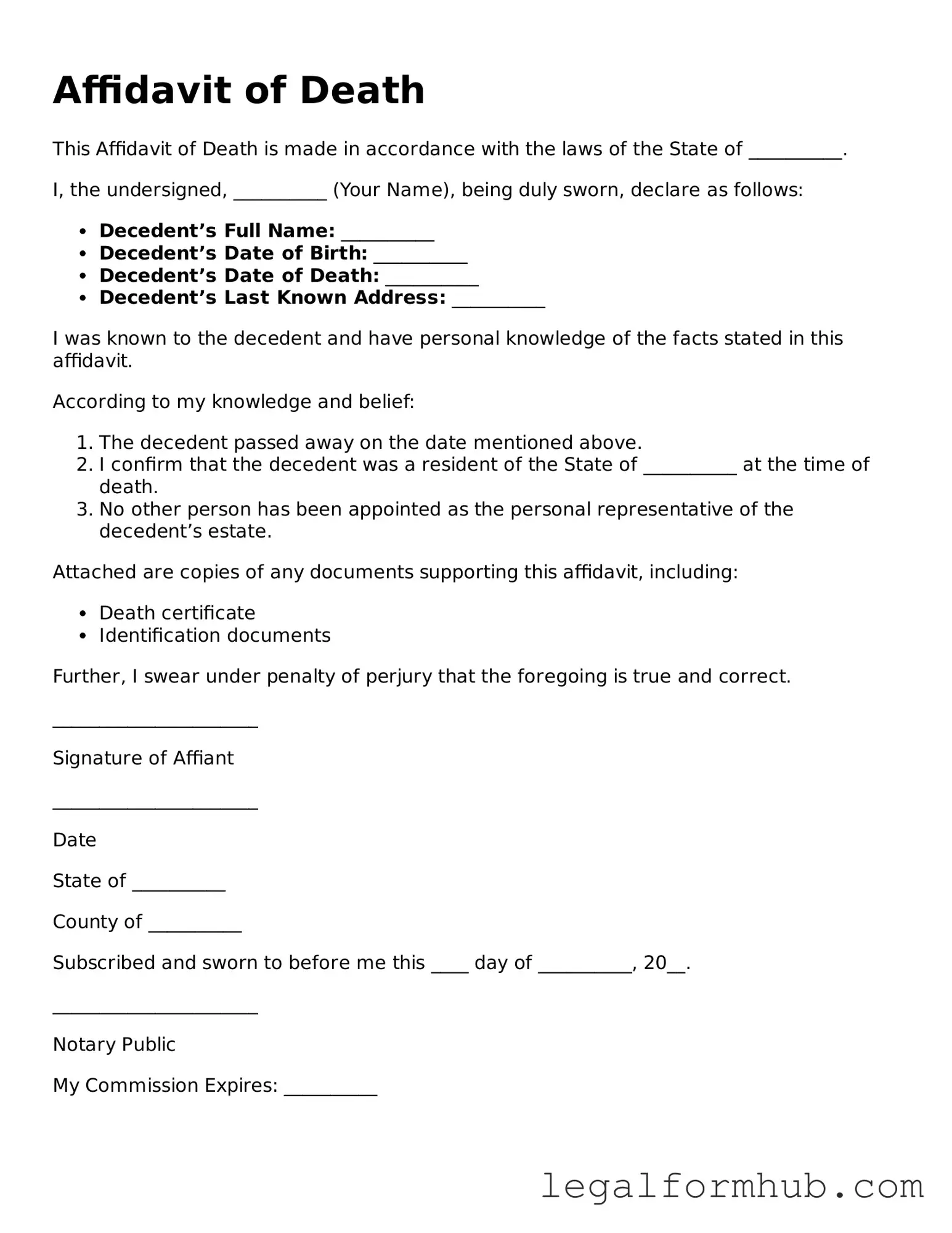 Printable Affidavit of Death Document
