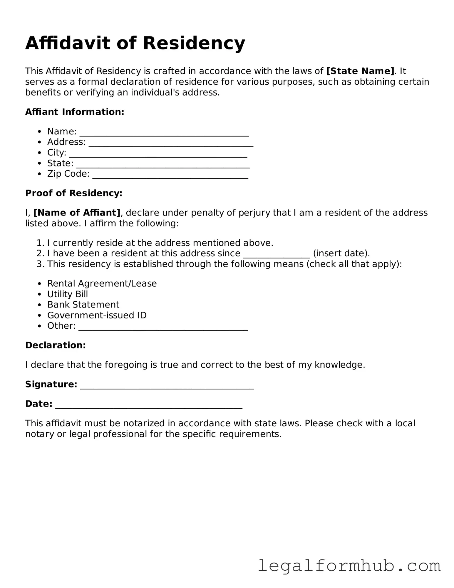 Printable Affidavit of Residency Document