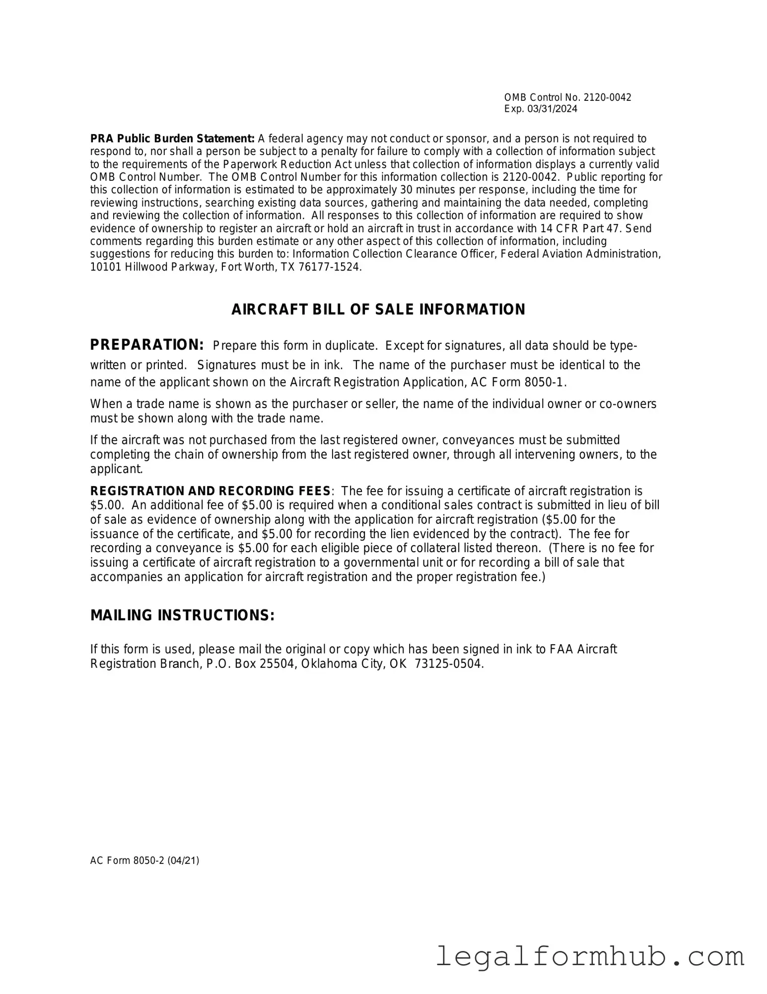 Fill Your Aircraft Bill of Sale AC 8050-2 Form