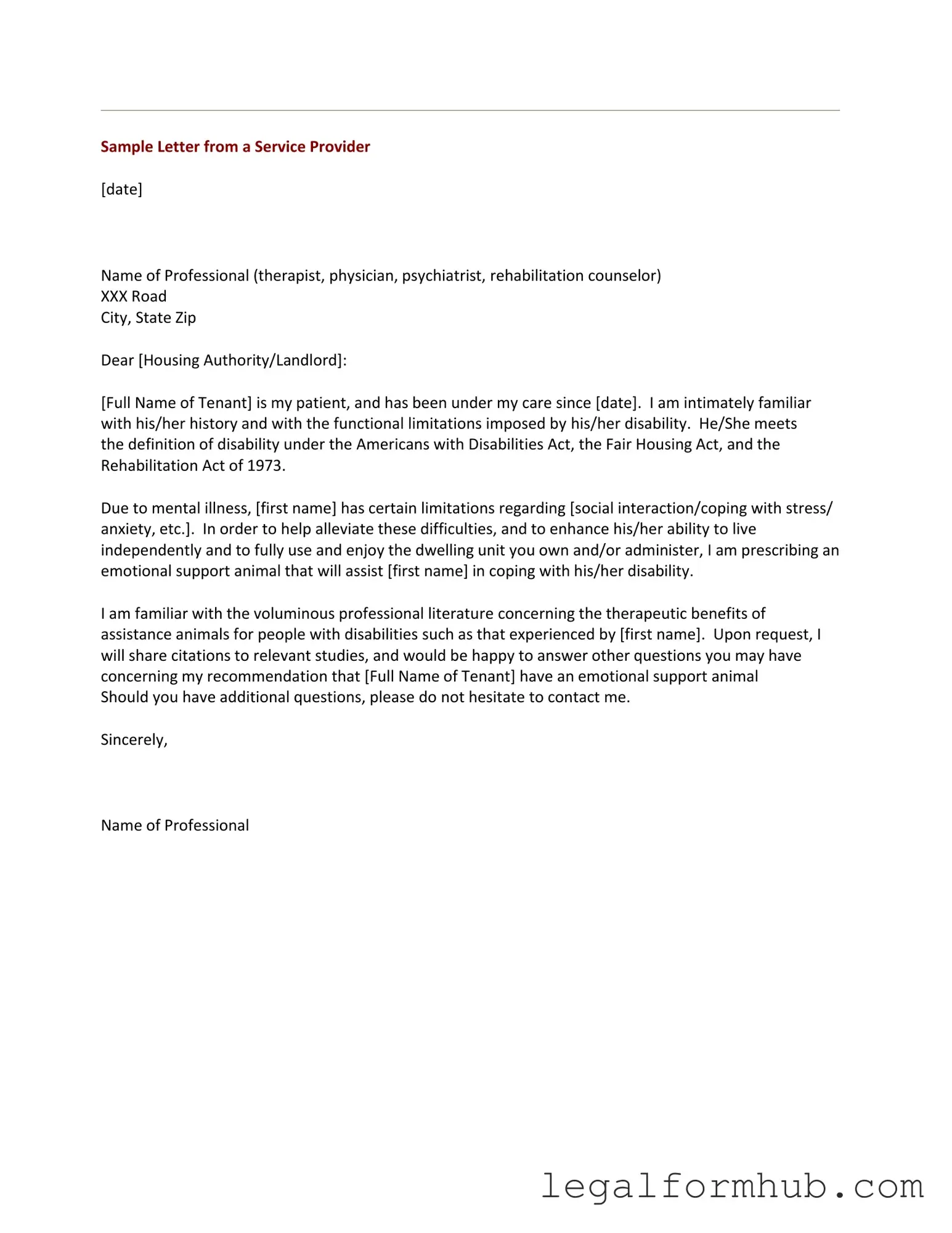 Fill Your Emotional Support Animal Letter Form