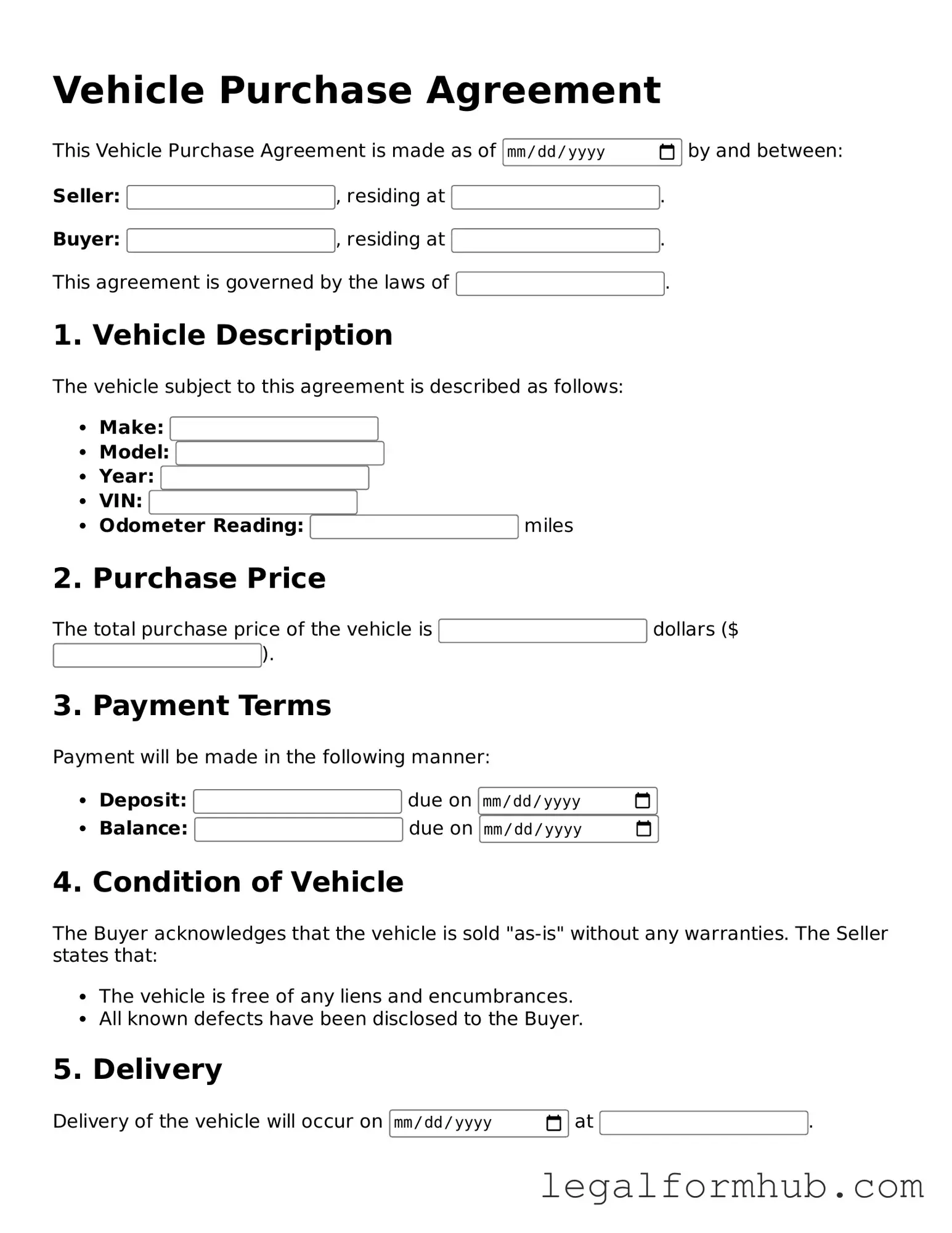 Printable Vehicle Purchase Agreement Document