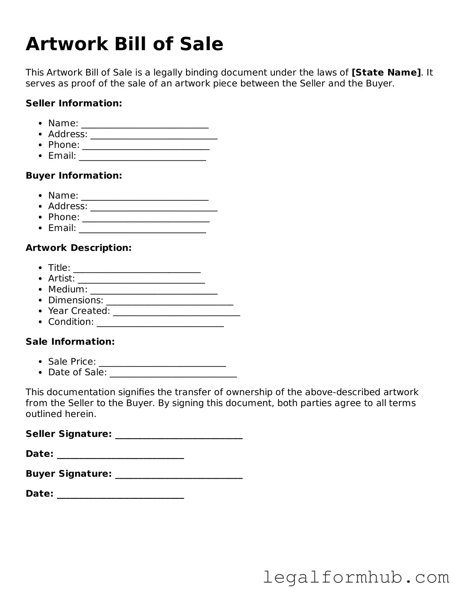 Printable Artwork Bill of Sale Document