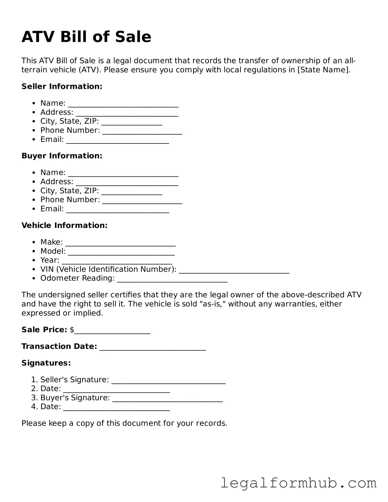 Printable ATV Bill of Sale Document