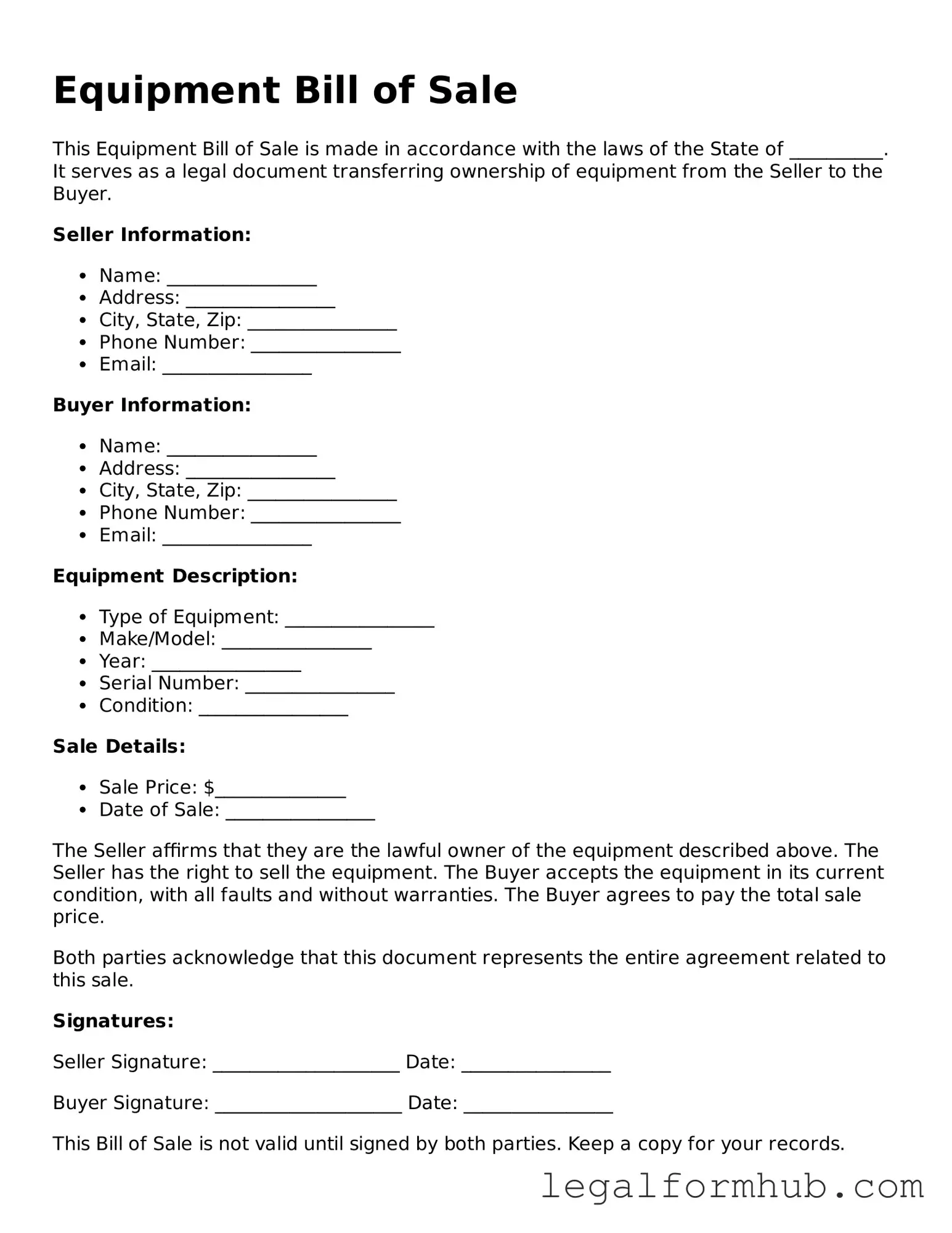 Printable Equipment Bill of Sale Document