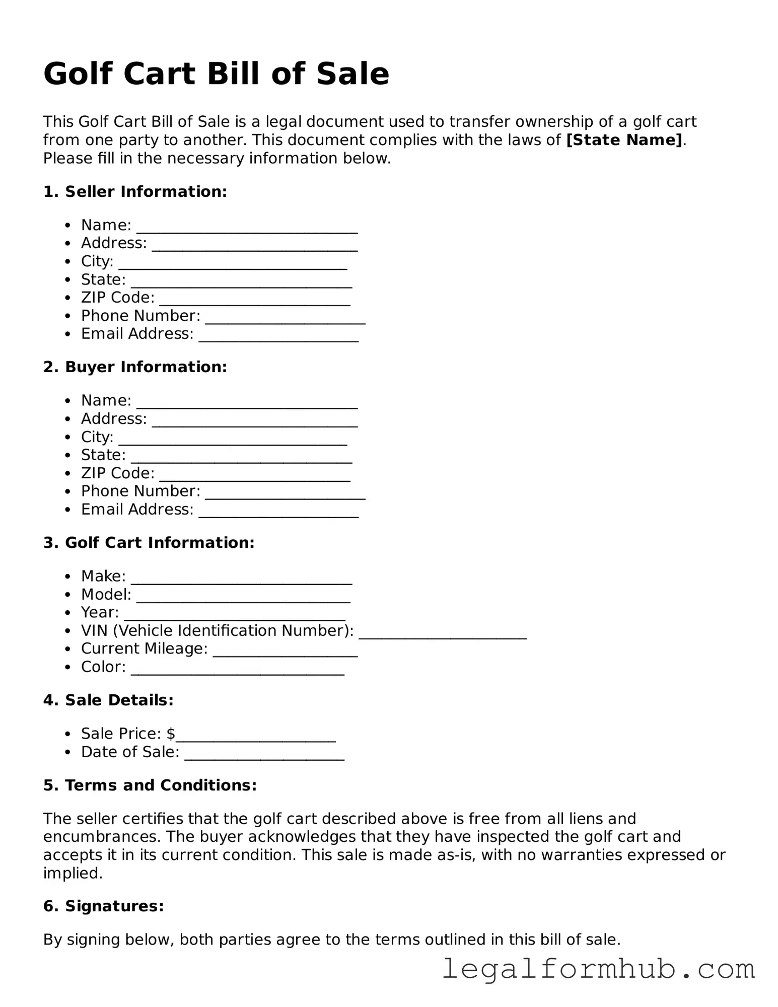 Printable Golf Cart Bill of Sale Document