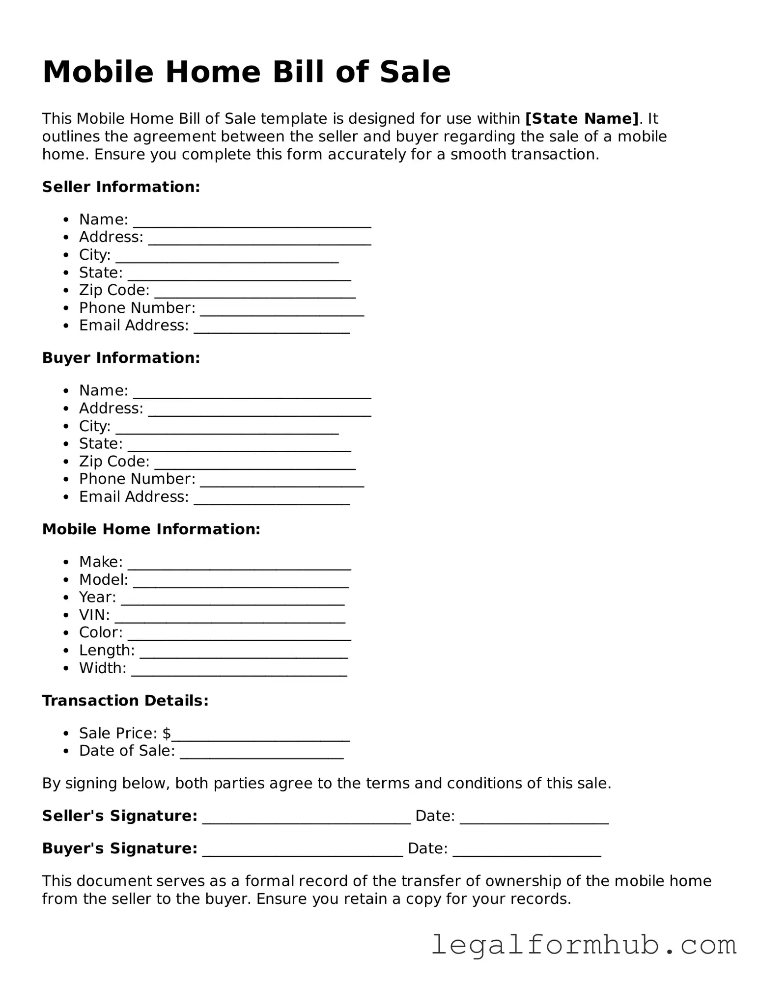 Printable Mobile Home Bill of Sale Document