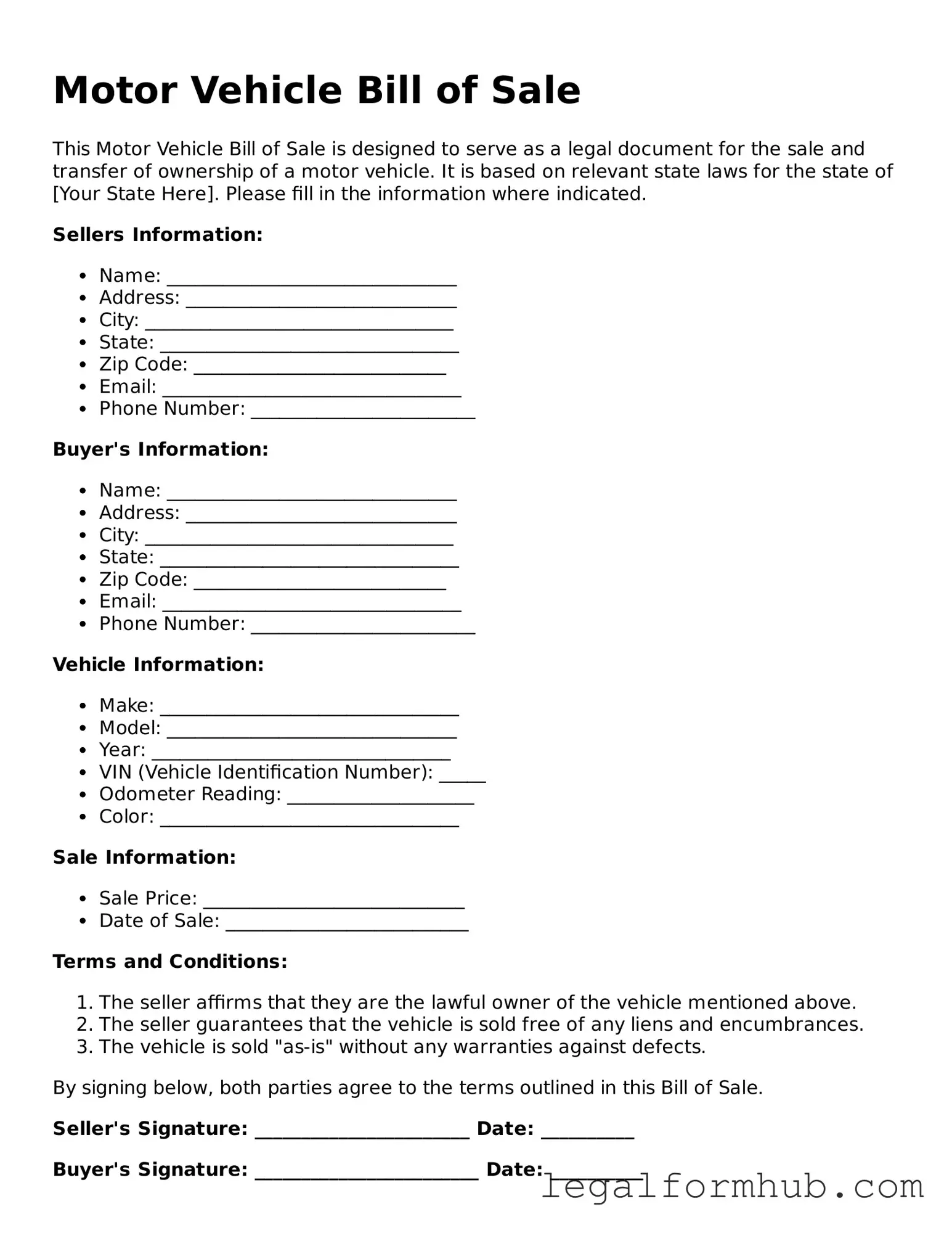 Printable Motor Vehicle Bill of Sale Document