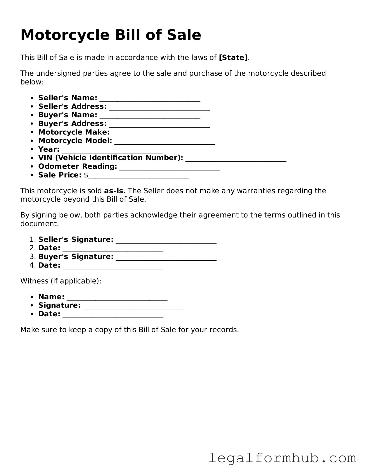 Printable Motorcycle Bill of Sale Document