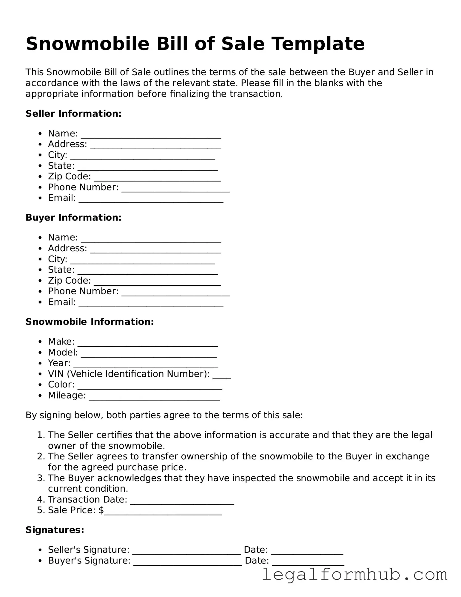 Printable Snowmobile Bill of Sale Document