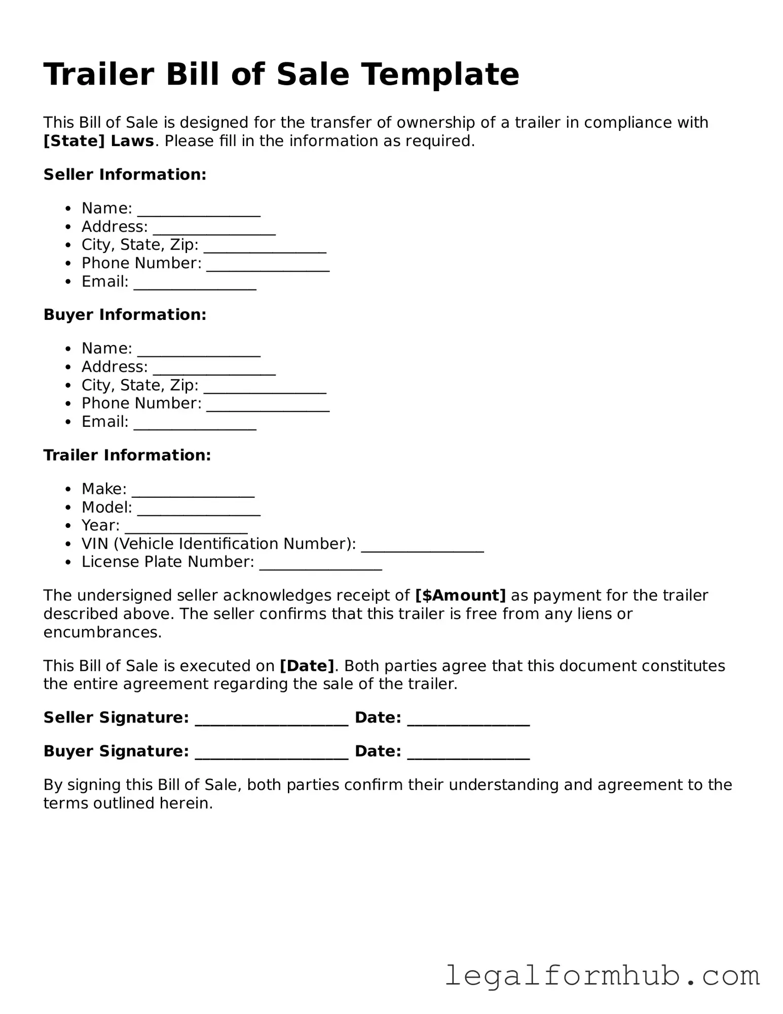 Printable Trailer Bill of Sale Document