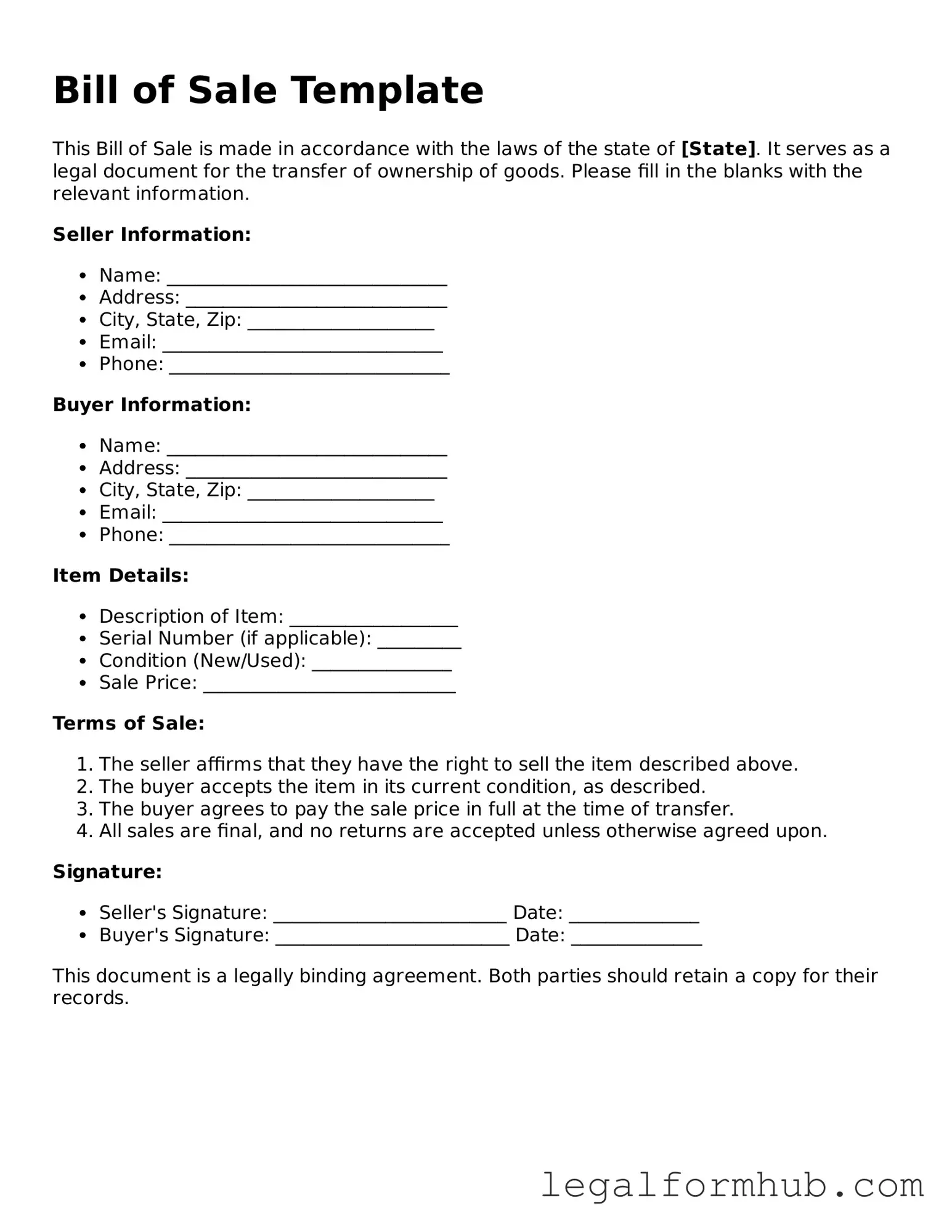 Printable Bill of Sale Document
