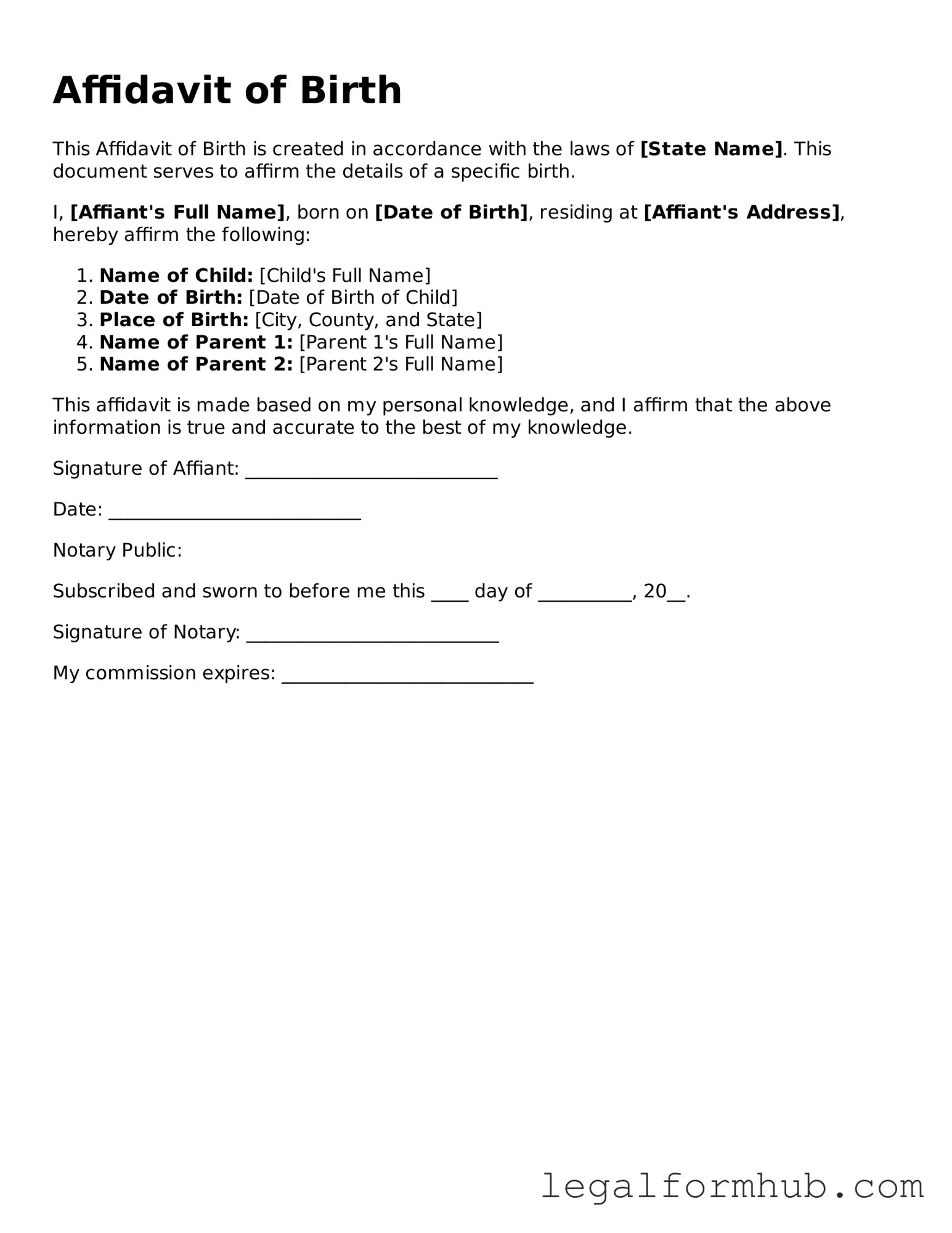 Printable Affidavit of Birth Document