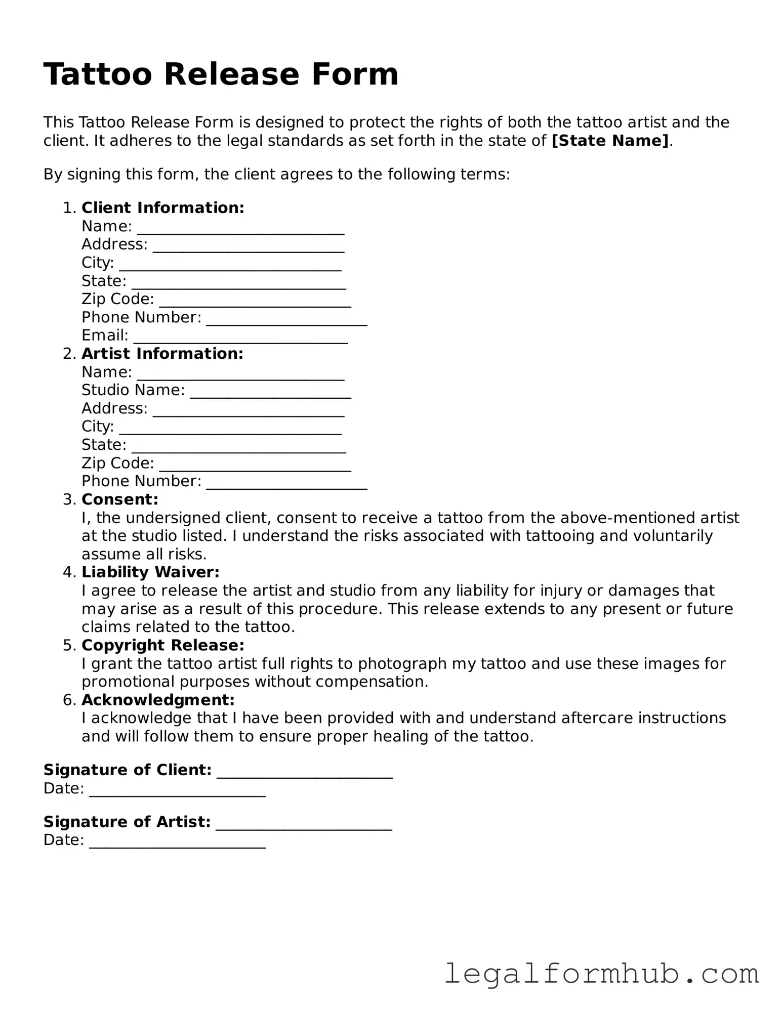 Printable Tattoo Release Document