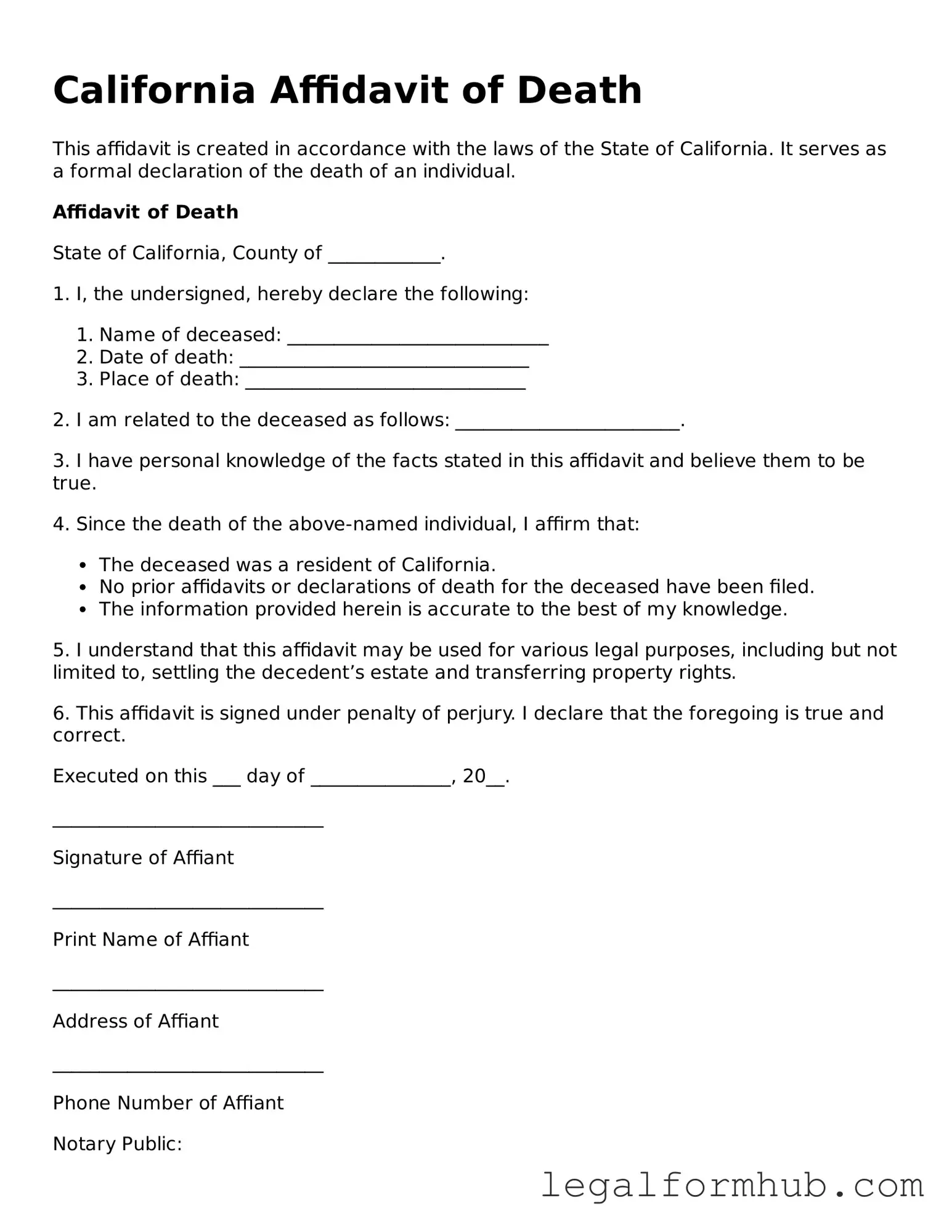 Free  Affidavit of Death Template for California