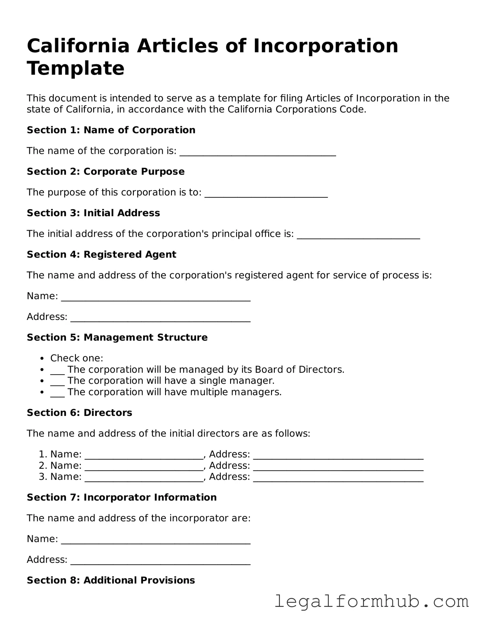 Free  Articles of Incorporation Template for California