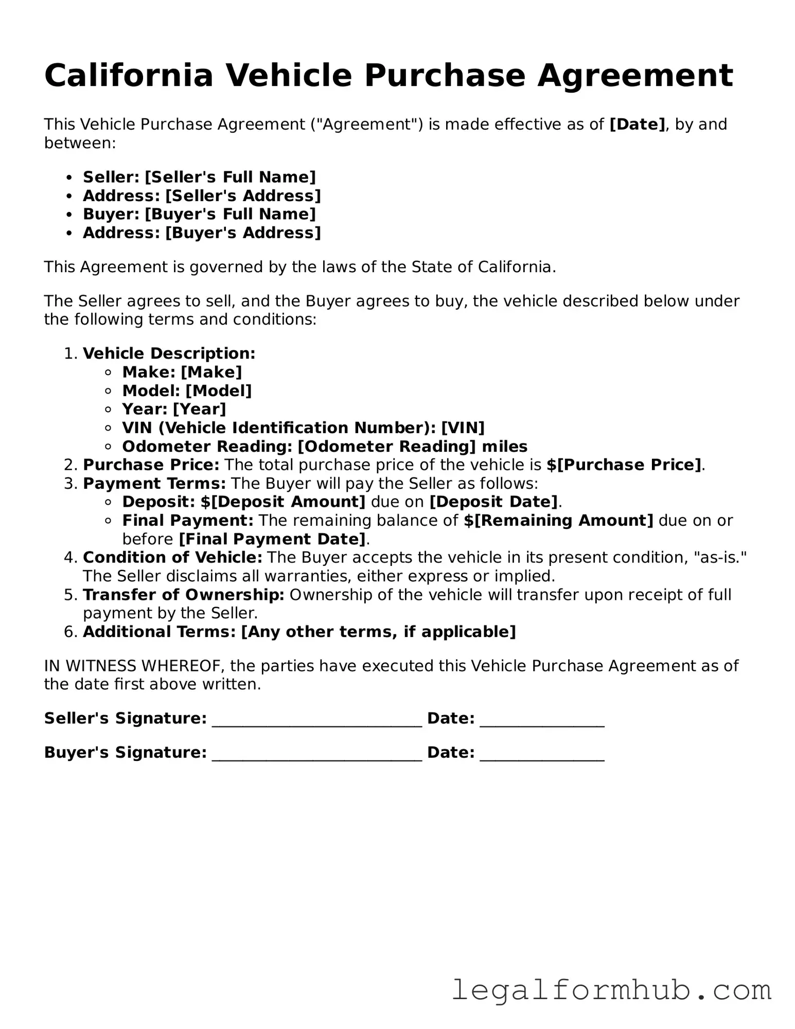 Free  Vehicle Purchase Agreement Template for California