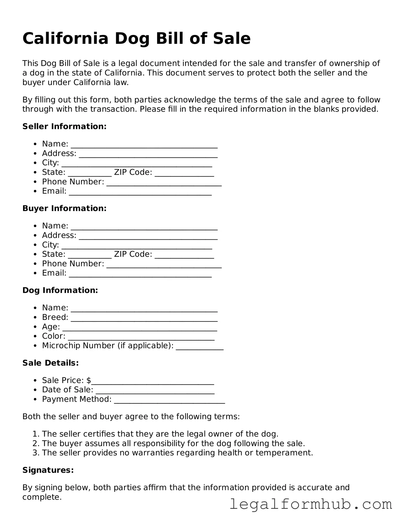 Free  Dog Bill of Sale Template for California