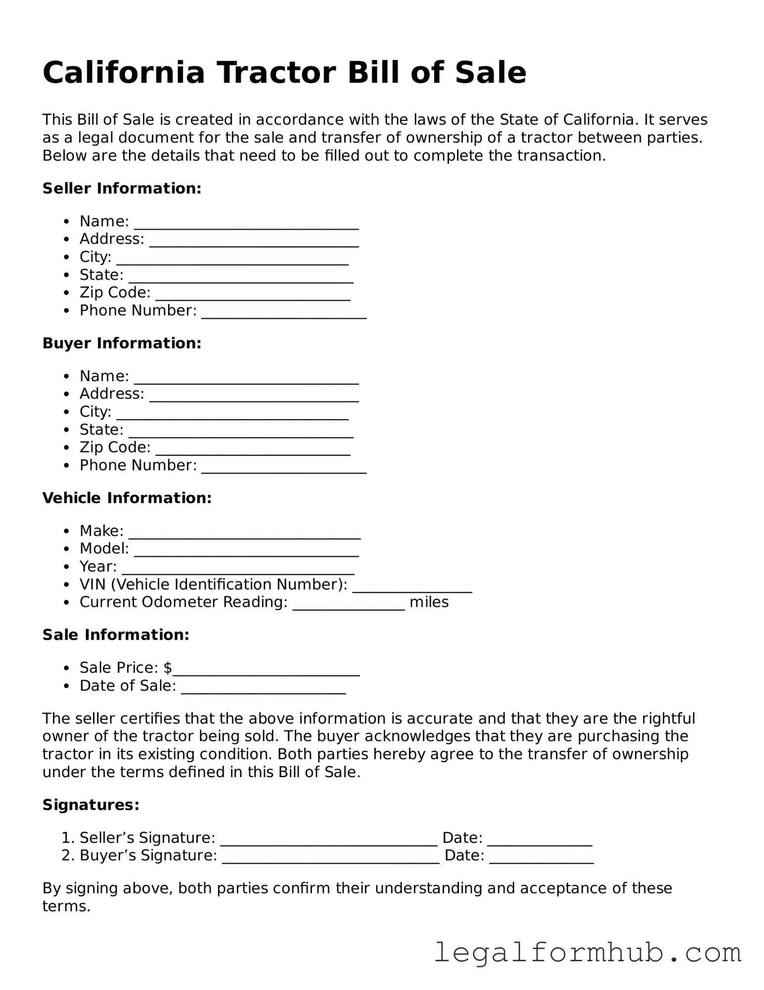 Free  Tractor Bill of Sale Template for California