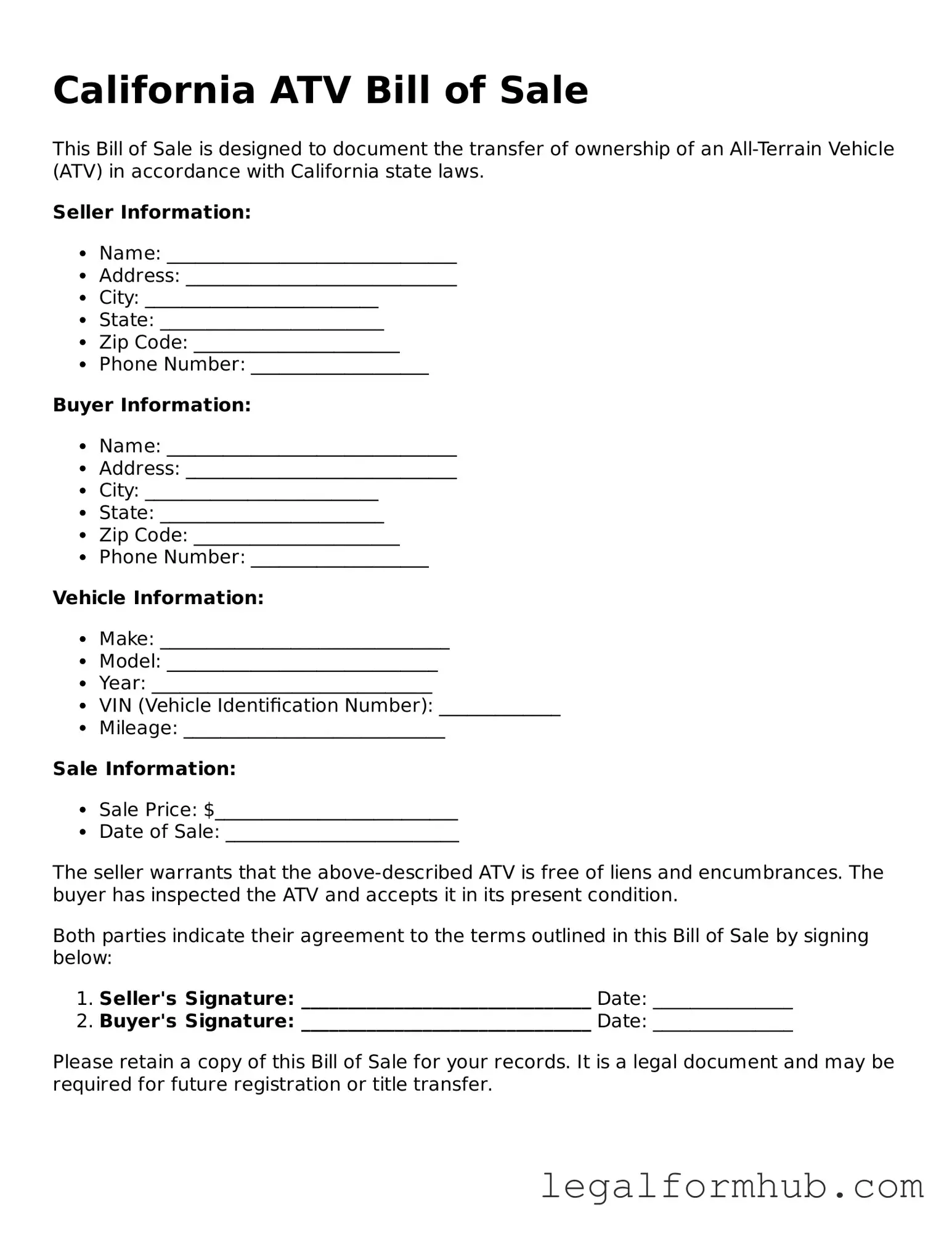 Free  ATV Bill of Sale Template for California