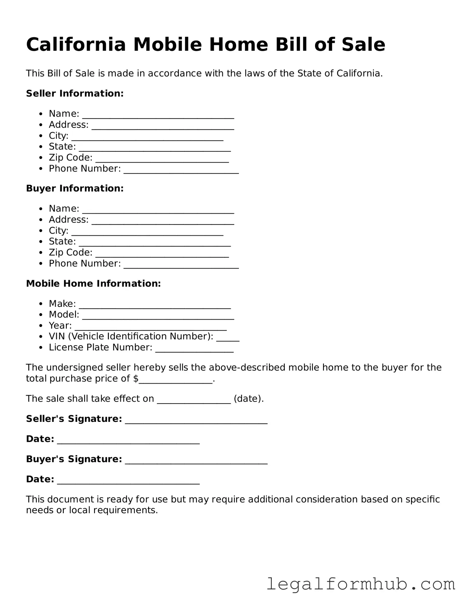 Free  Mobile Home Bill of Sale Template for California