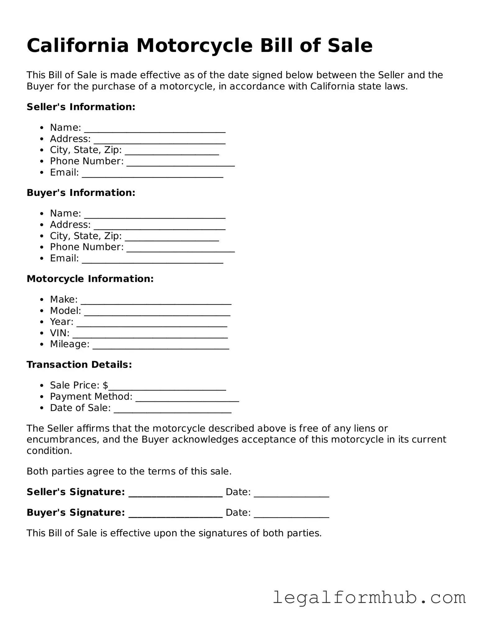 Free  Motorcycle Bill of Sale Template for California