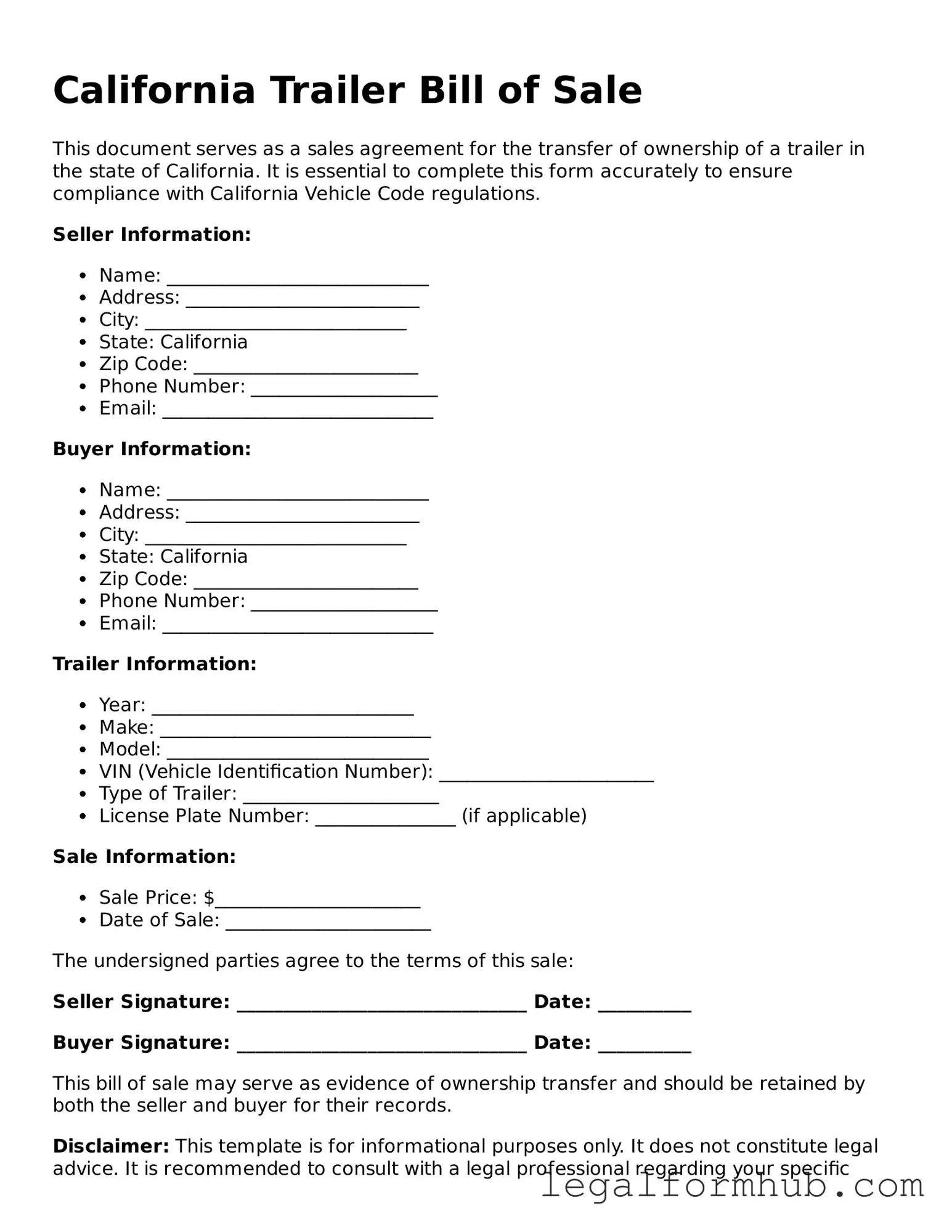 Free  Trailer Bill of Sale Template for California