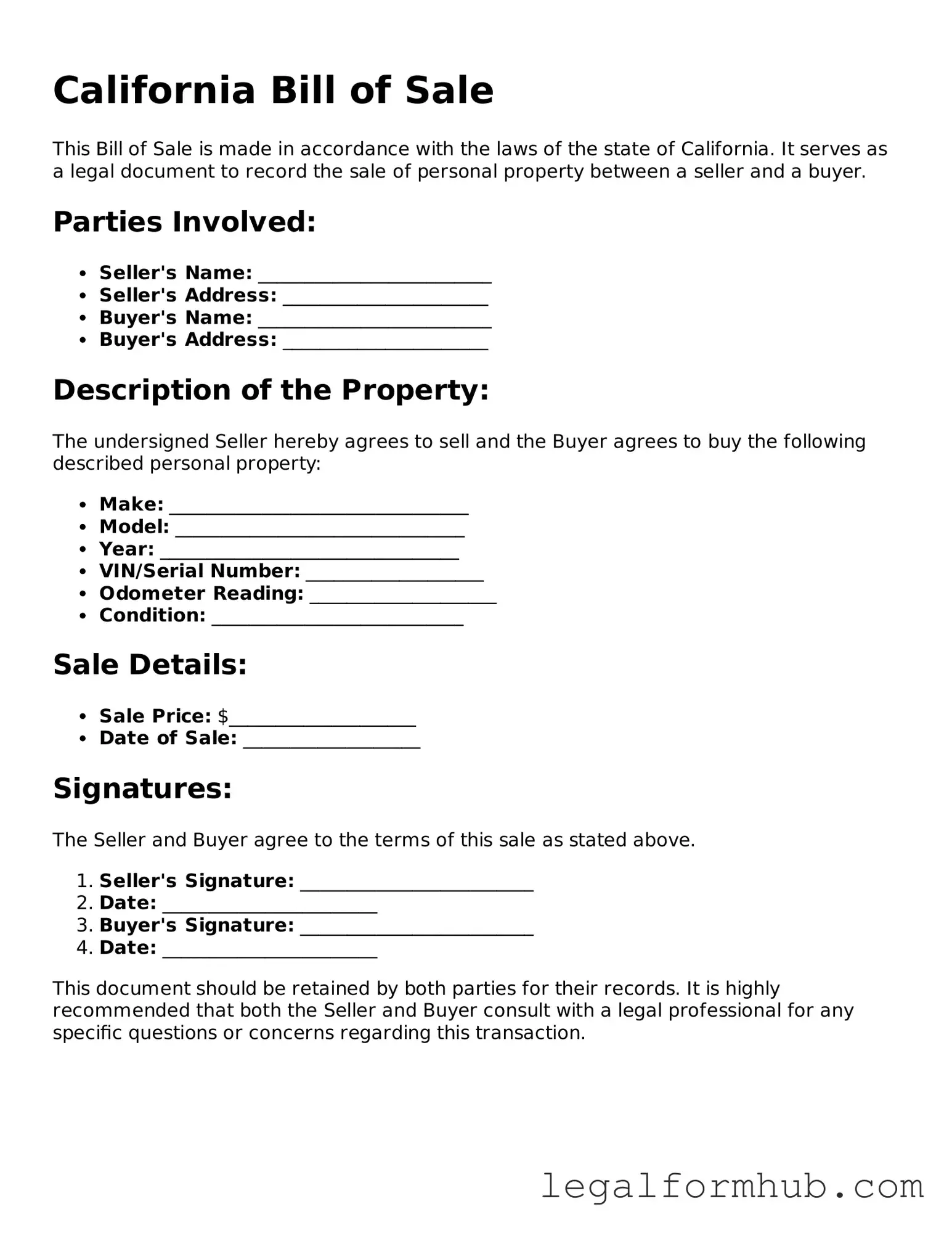 Free  Bill of Sale Template for California