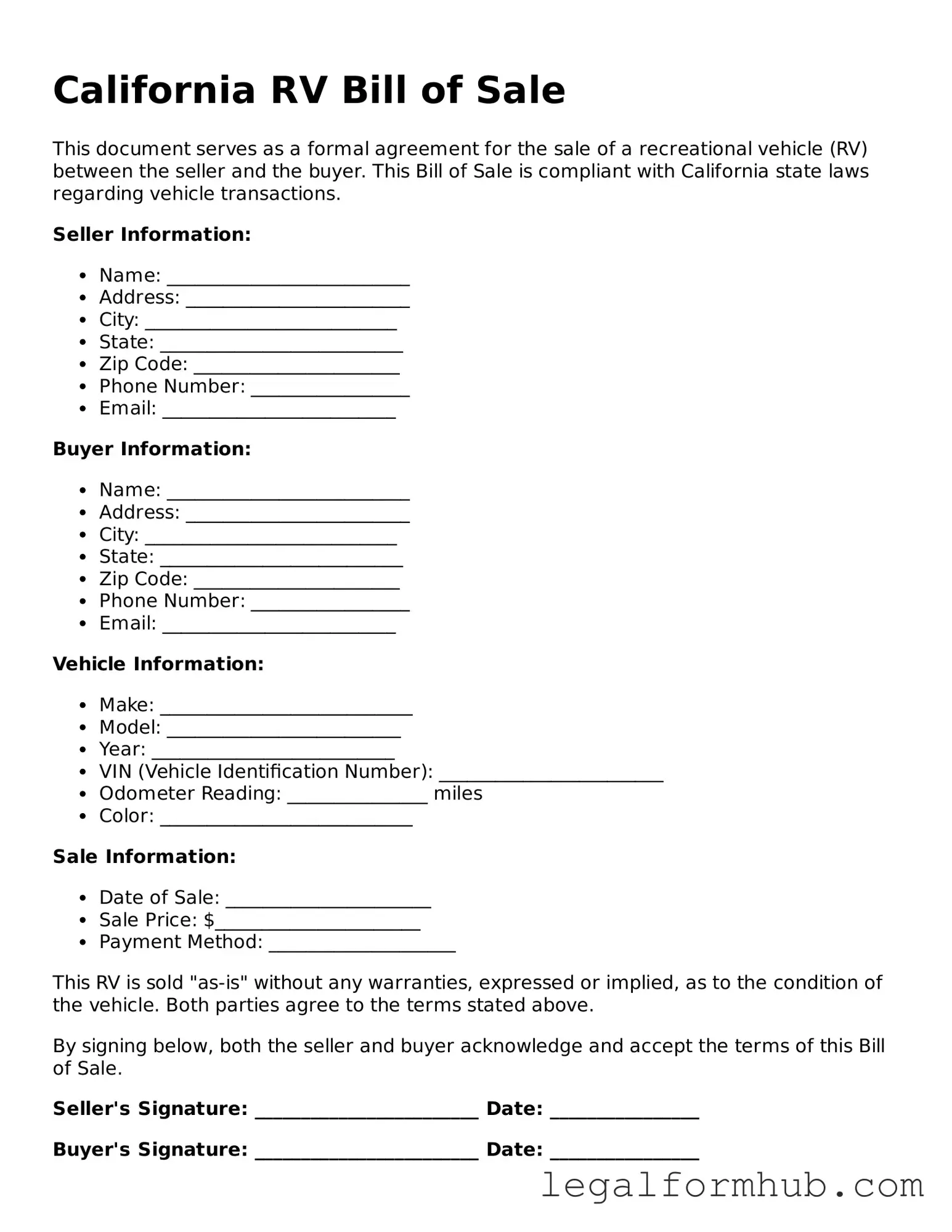 Free  RV Bill of Sale Template for California