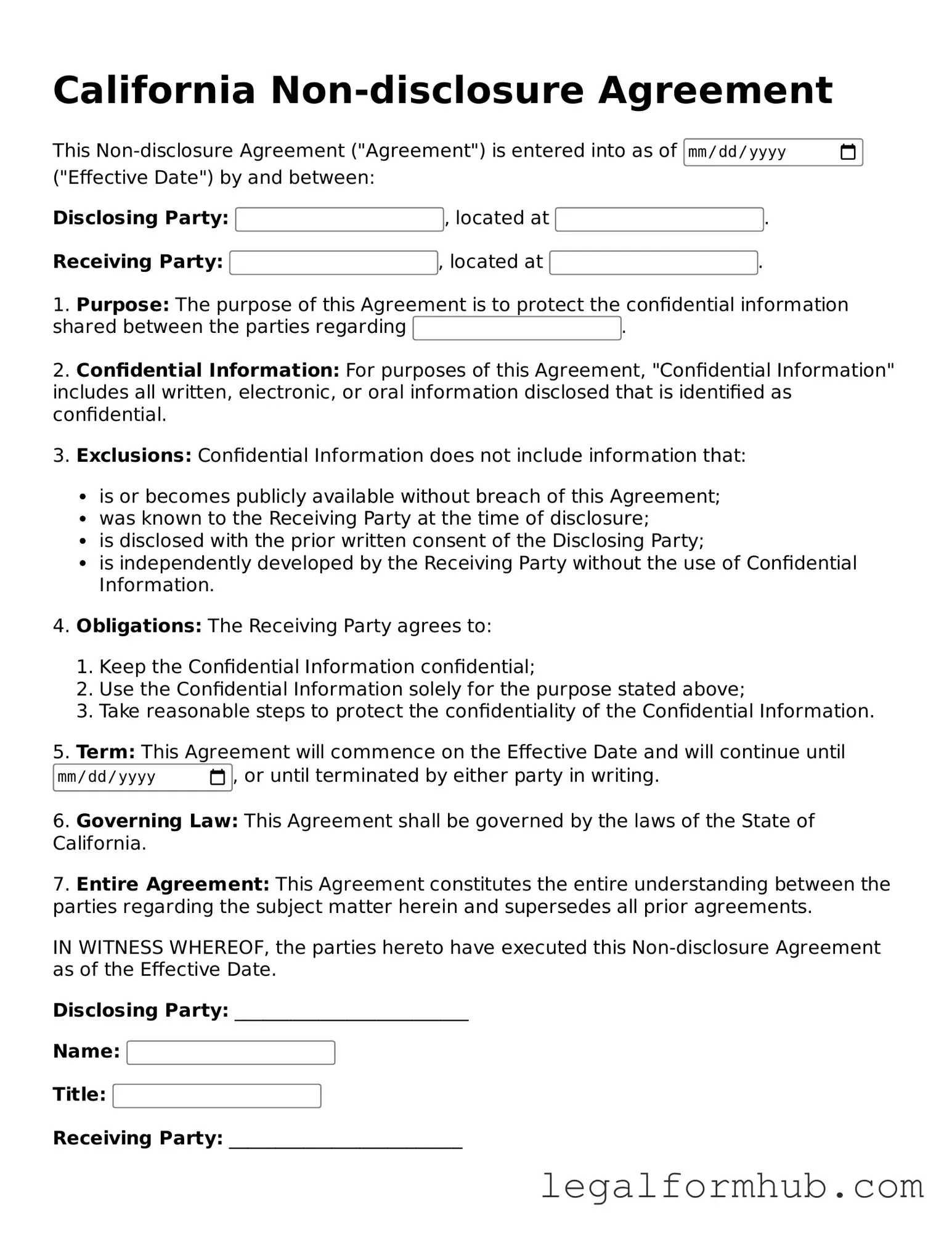 Free  Non-disclosure Agreement Template for California