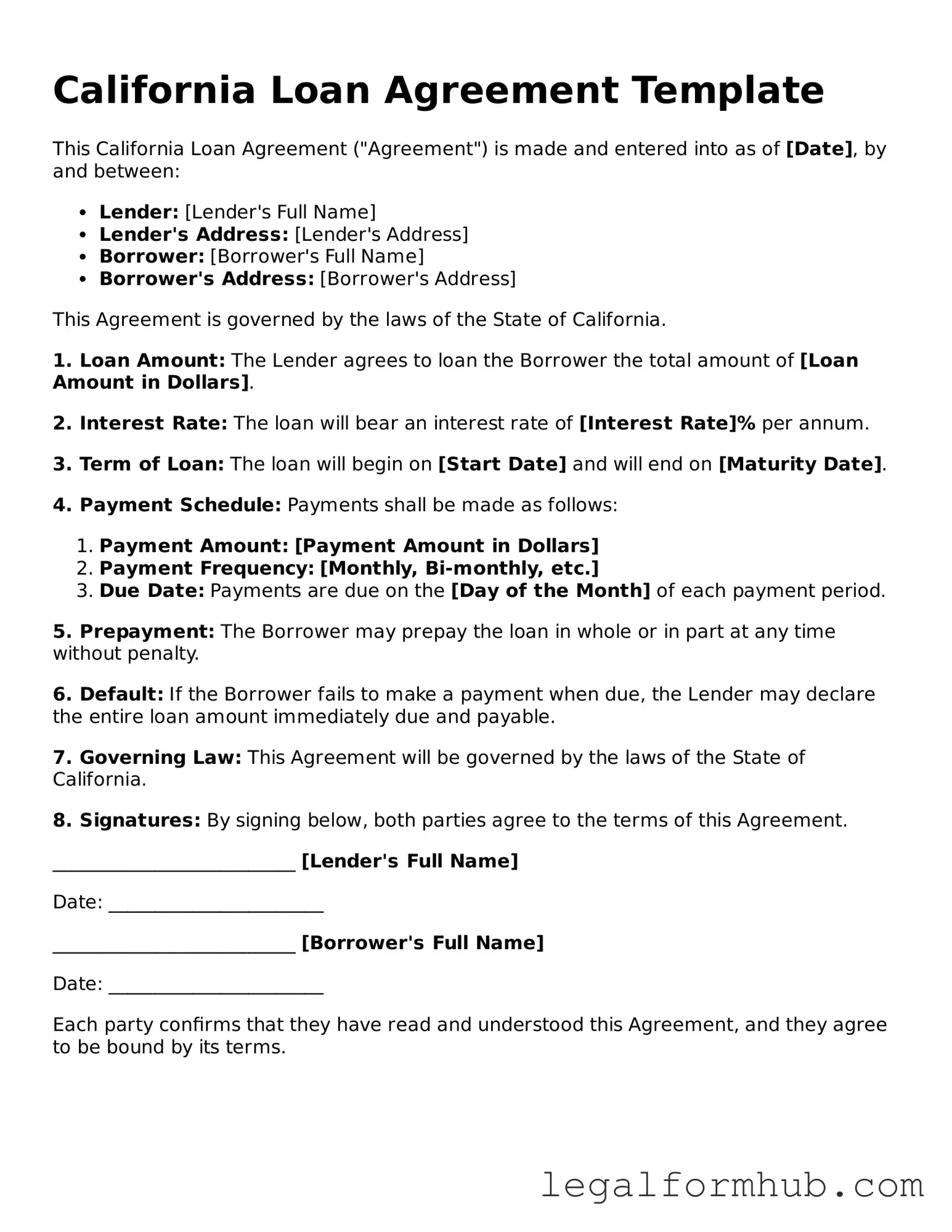 Free  Loan Agreement Template for California