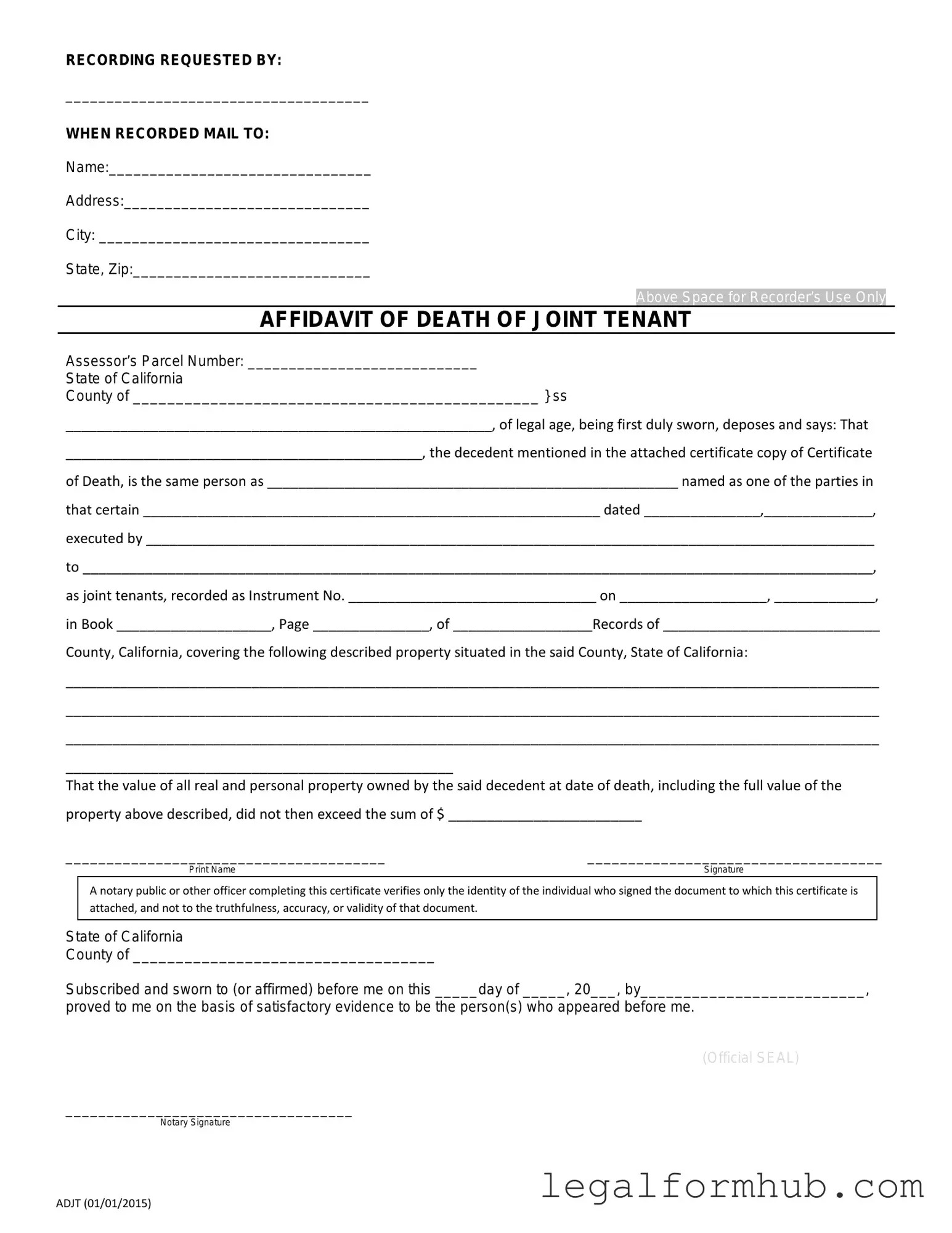 Fill Your California Death of a Joint Tenant Affidavit Form