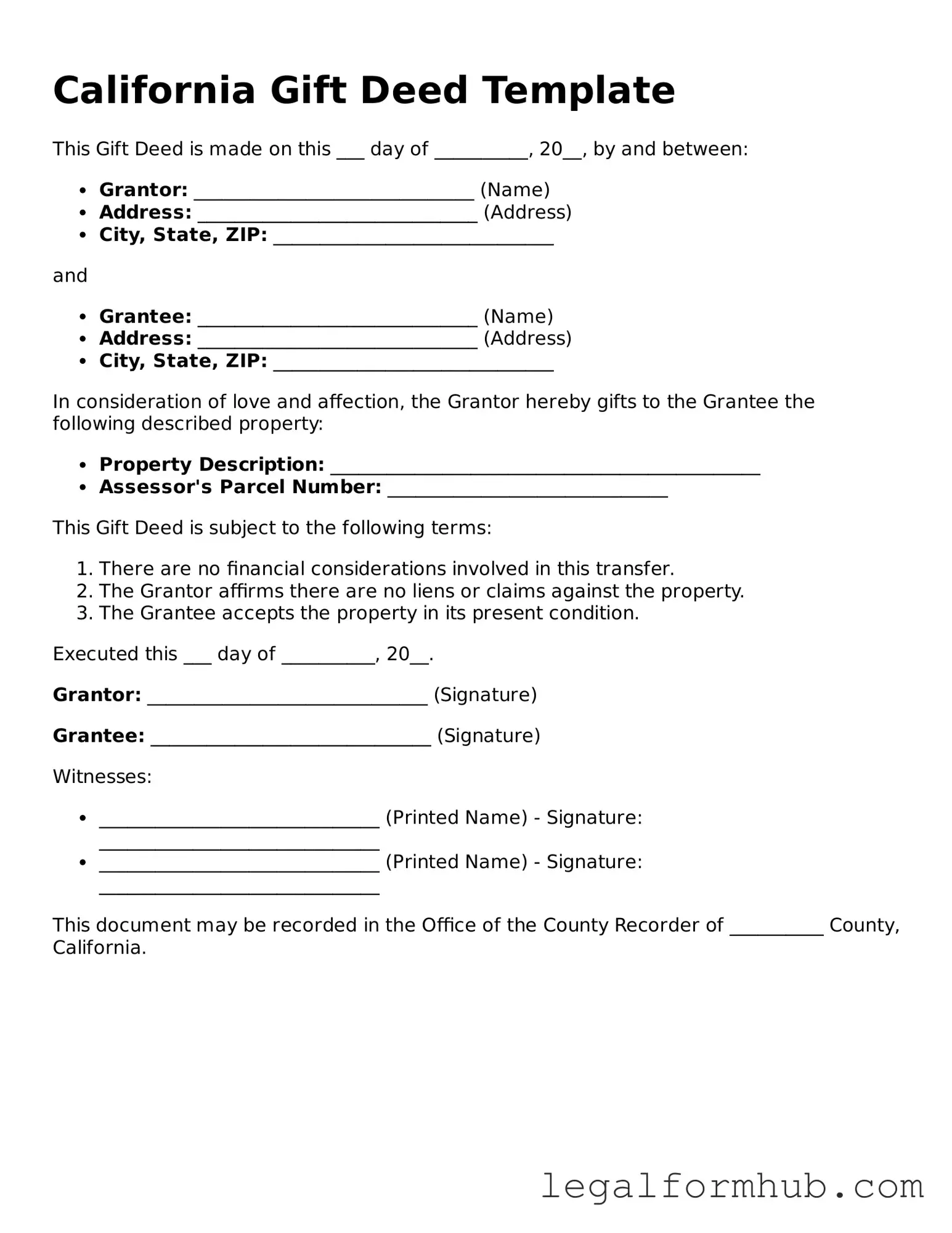 Free  Gift Deed Template for California