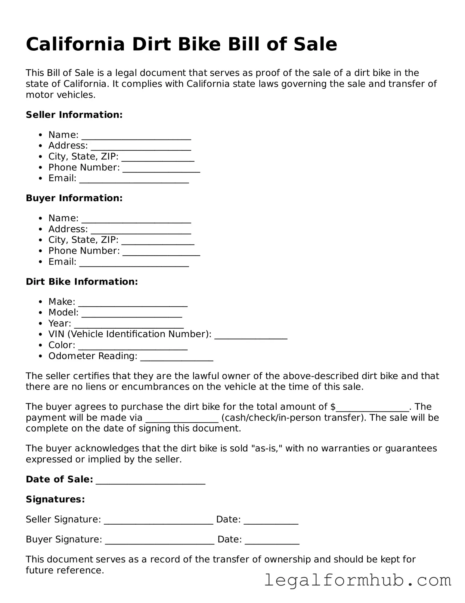 Free  Dirt Bike Bill of Sale Template for California