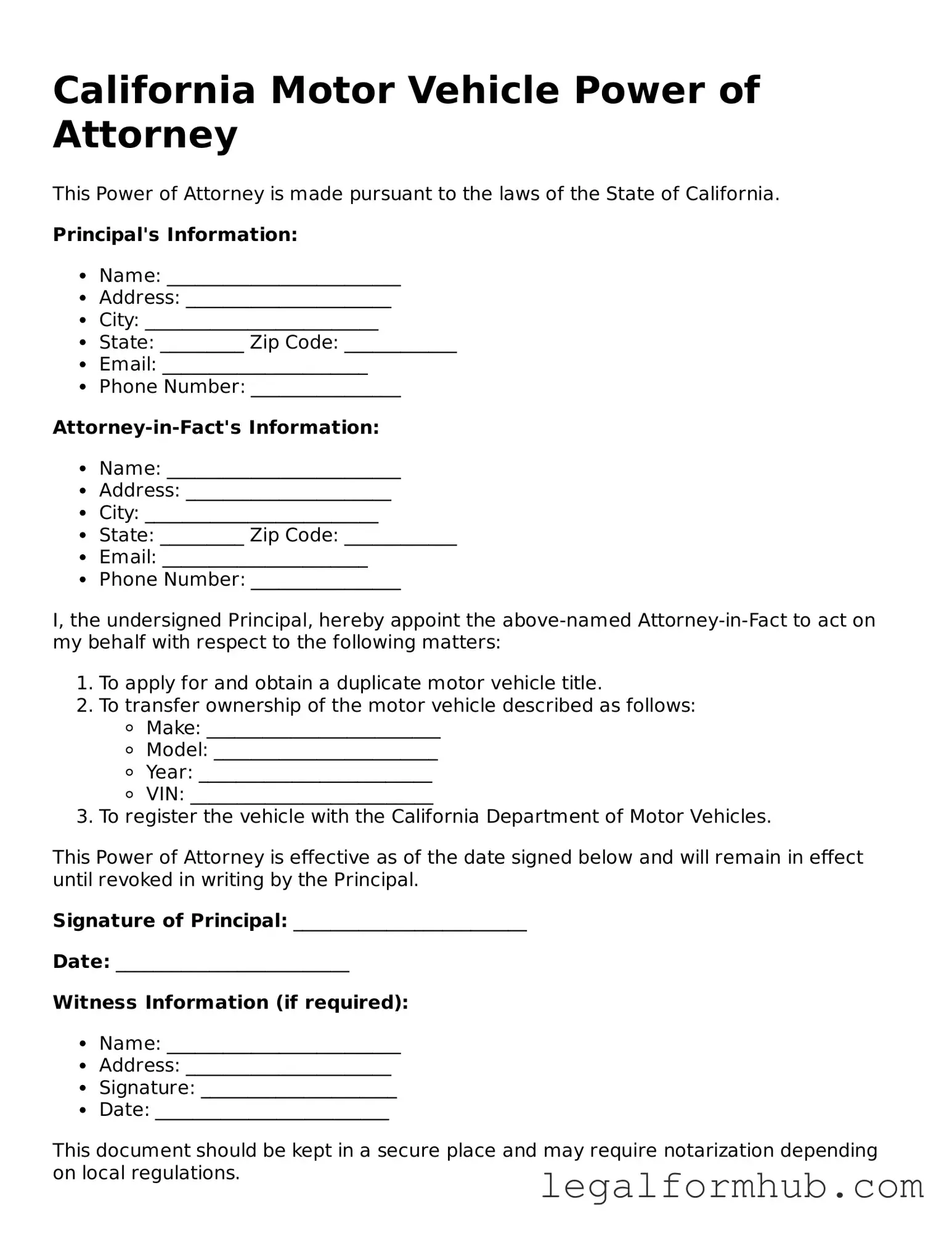 Free  Motor Vehicle Power of Attorney Template for California