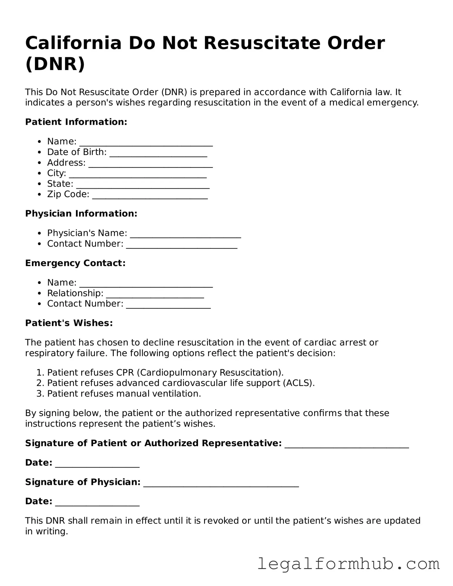 Free  Do Not Resuscitate Order Template for California