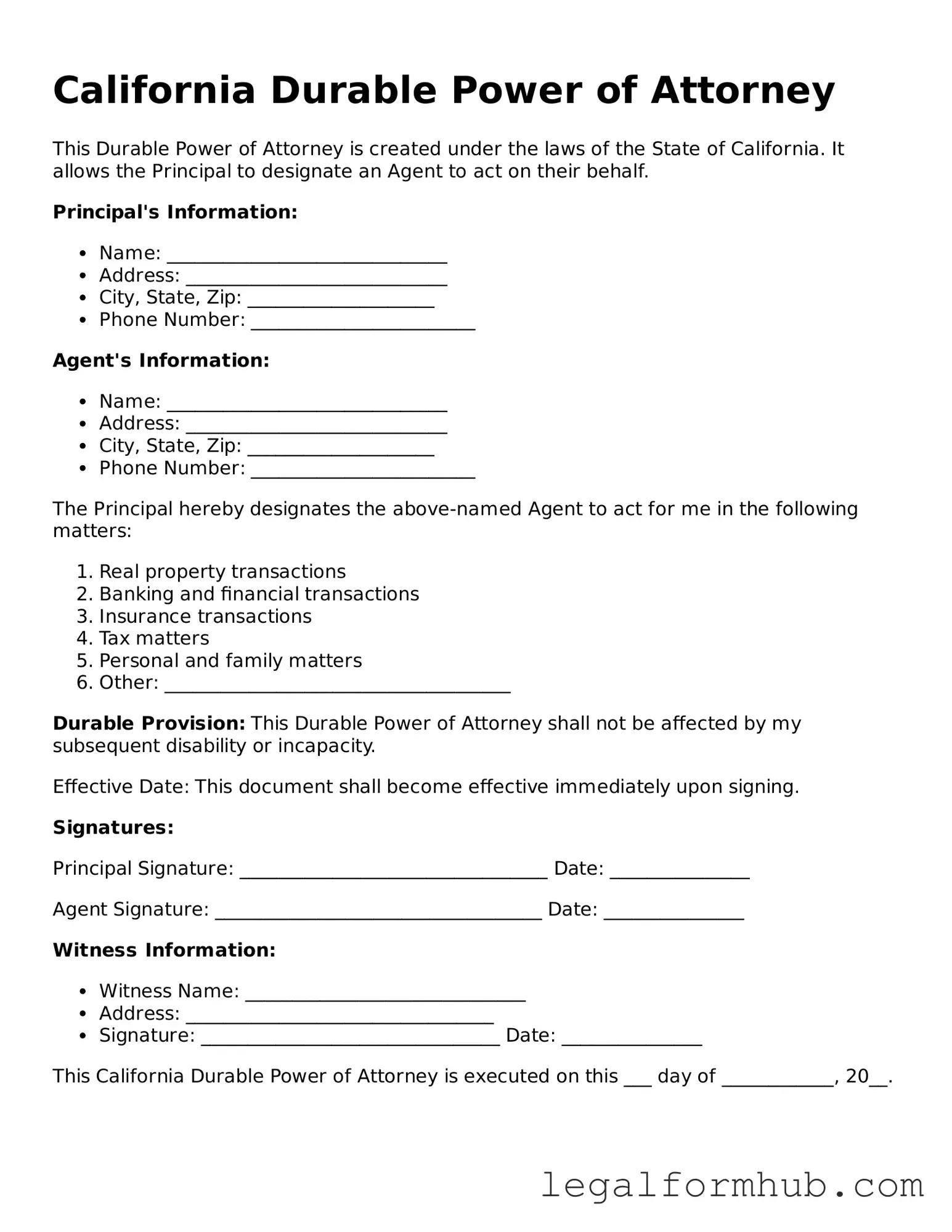 Free  Durable Power of Attorney Template for California