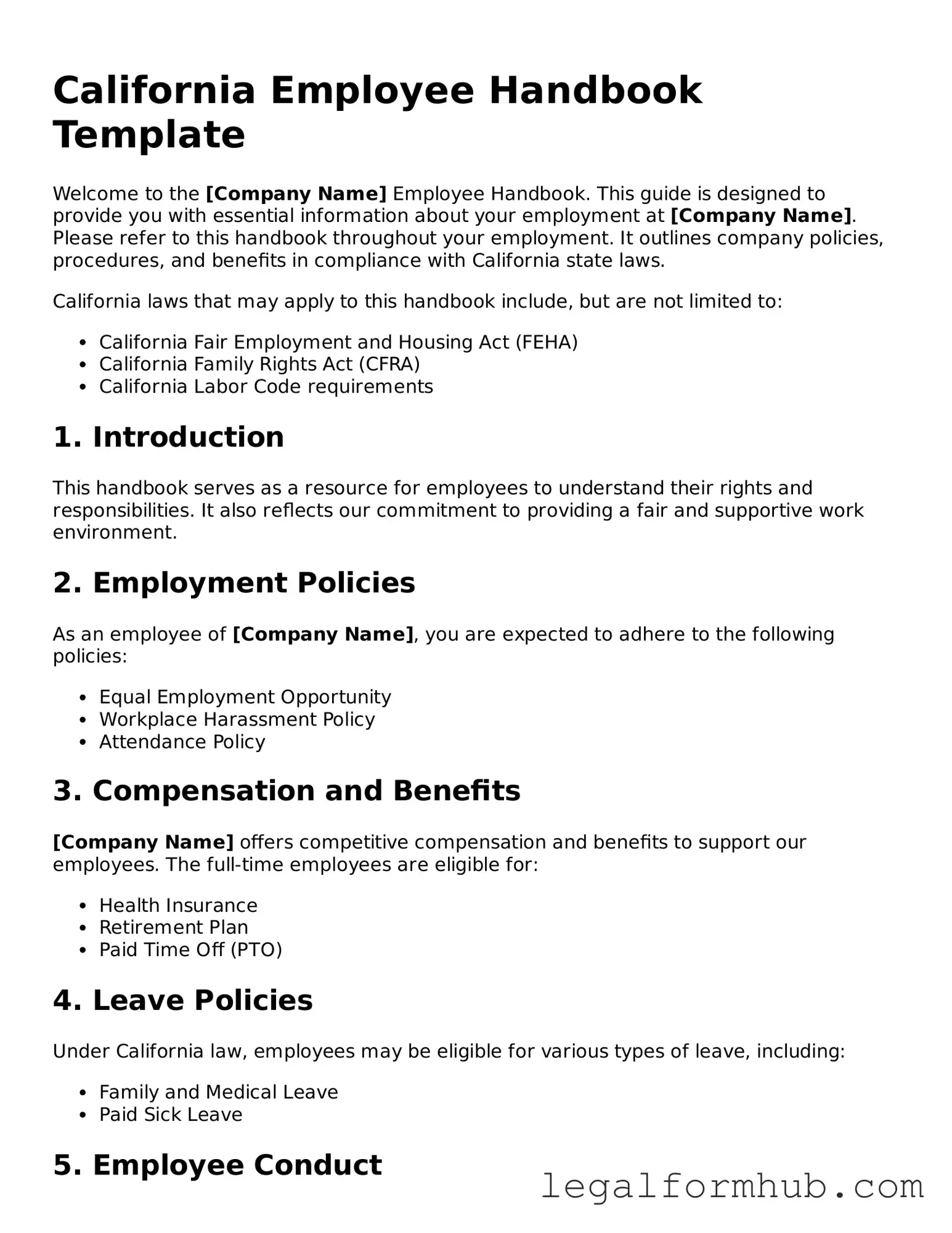 Free  Employee Handbook Template for California