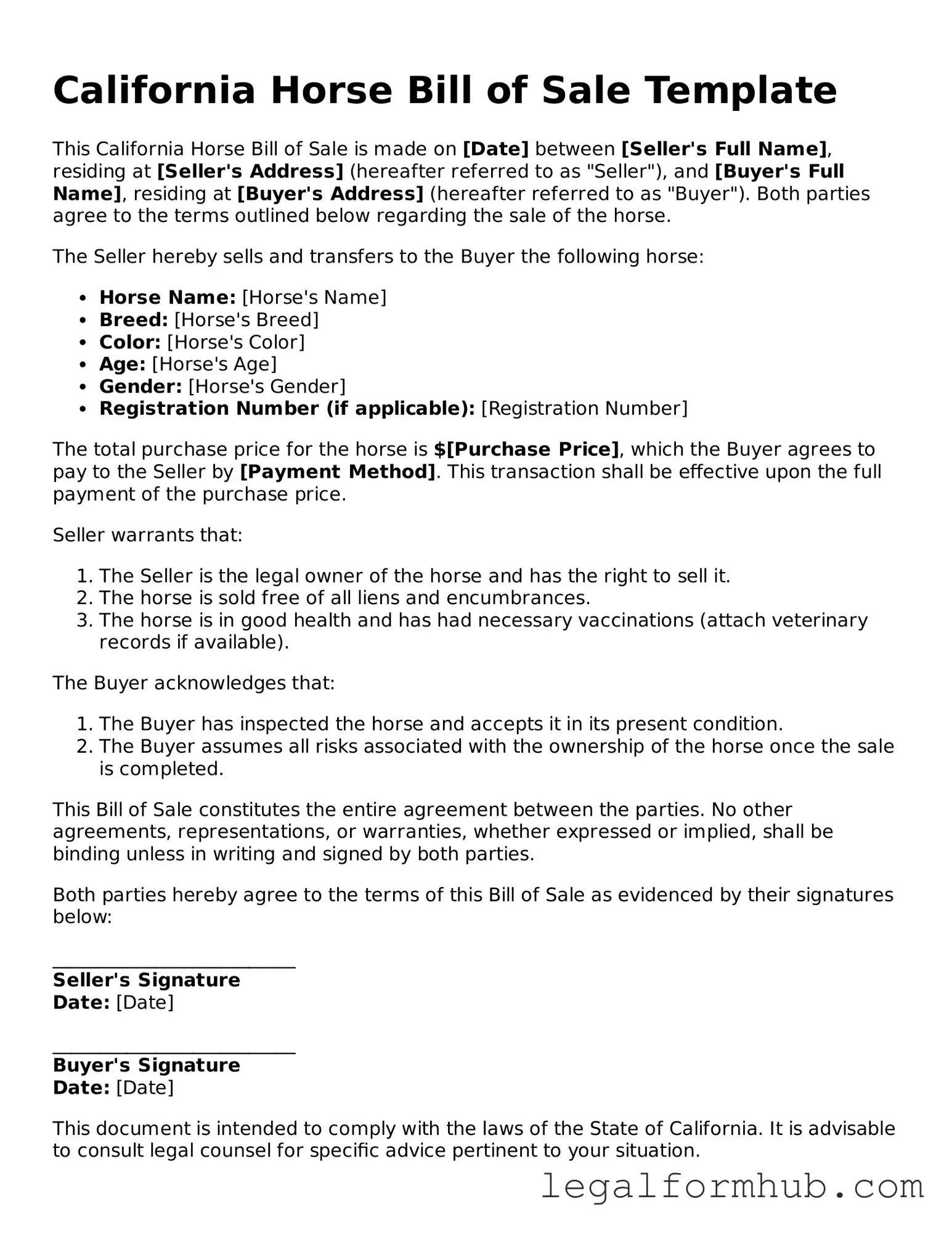 Free  Horse Bill of Sale Template for California