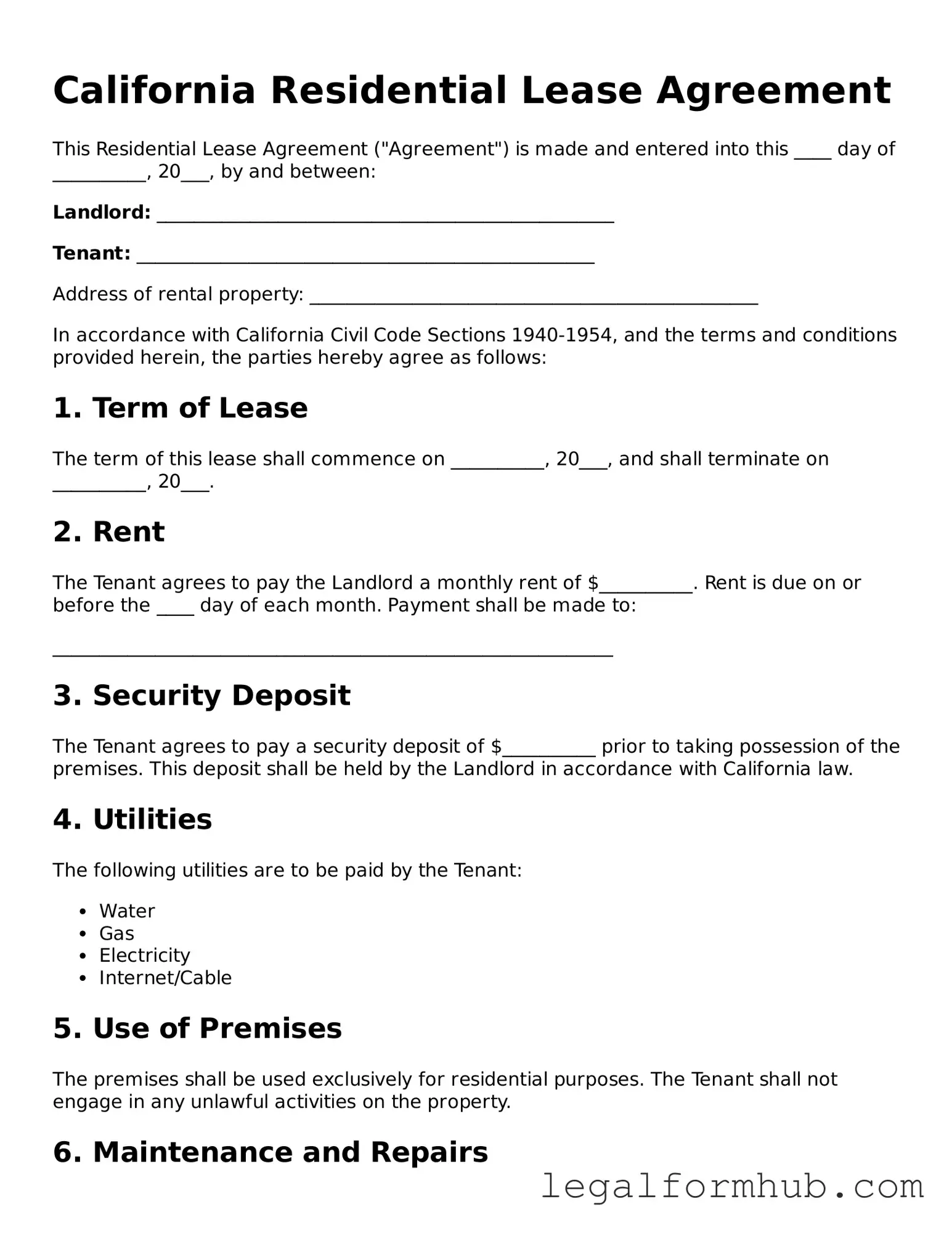 Free  Residential Lease Agreement Template for California