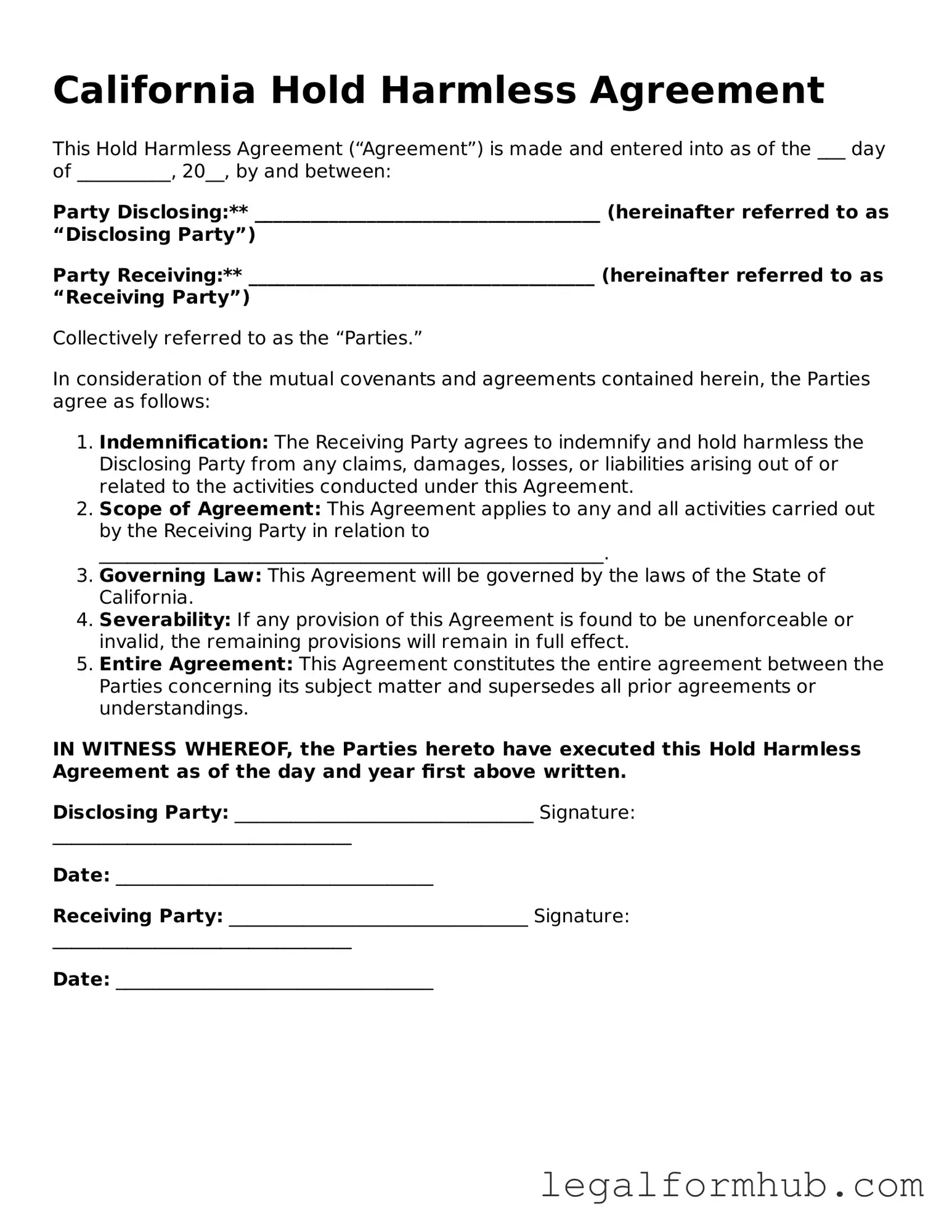 Free  Hold Harmless Agreement Template for California