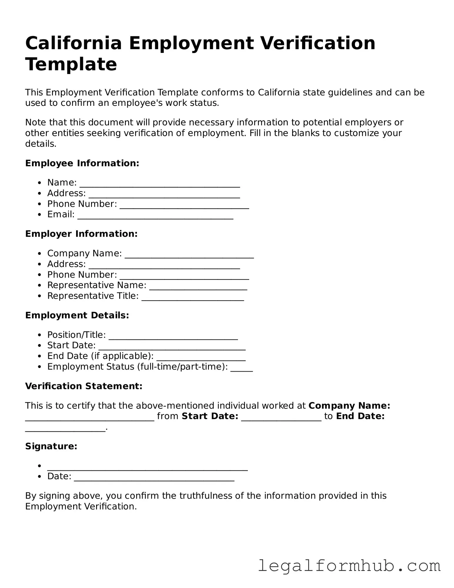 Free  Employment Verification Template for California