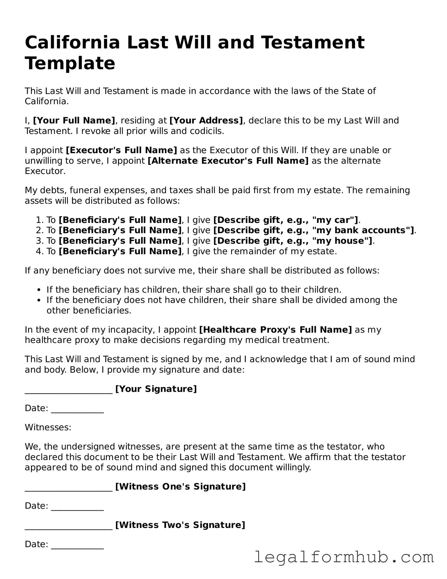 Free  Last Will and Testament Template for California