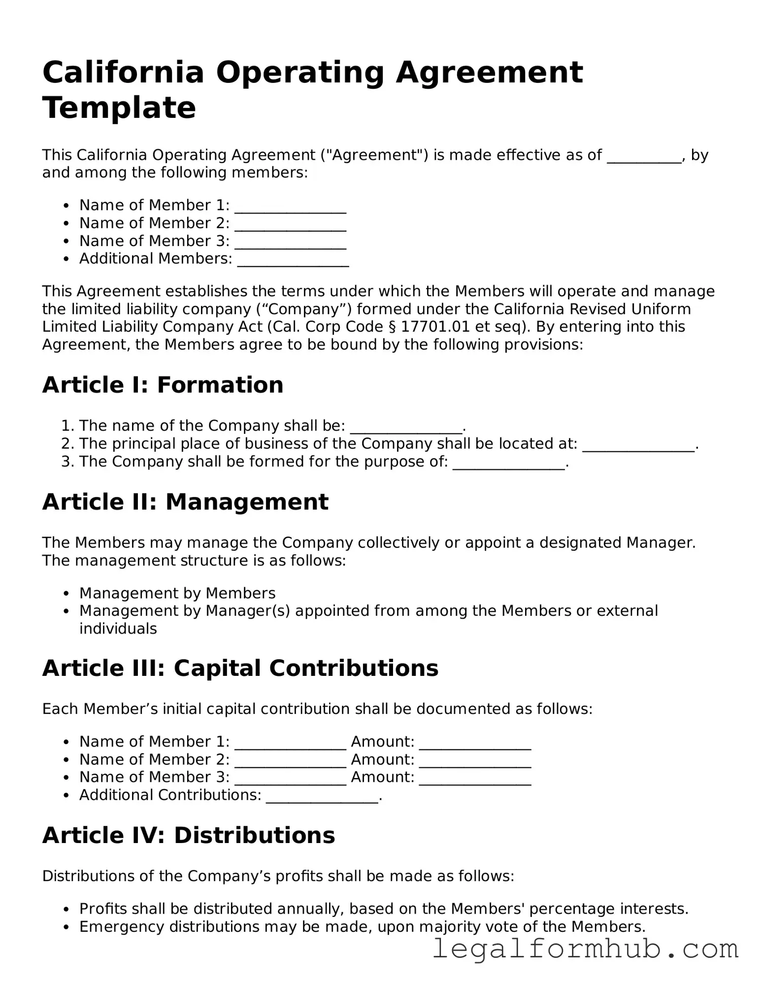 Free  Operating Agreement Template for California