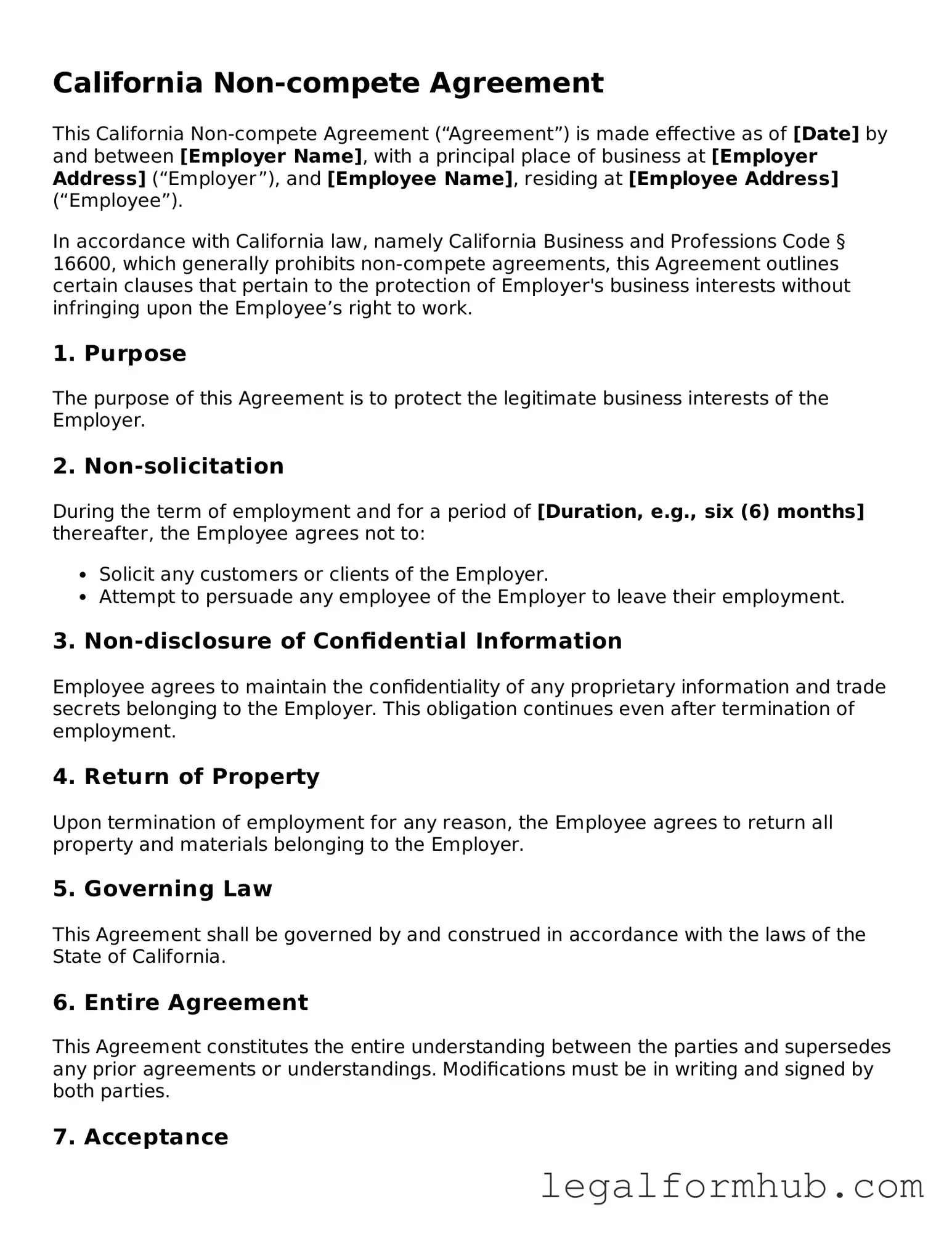 Free  Non-compete Agreement Template for California