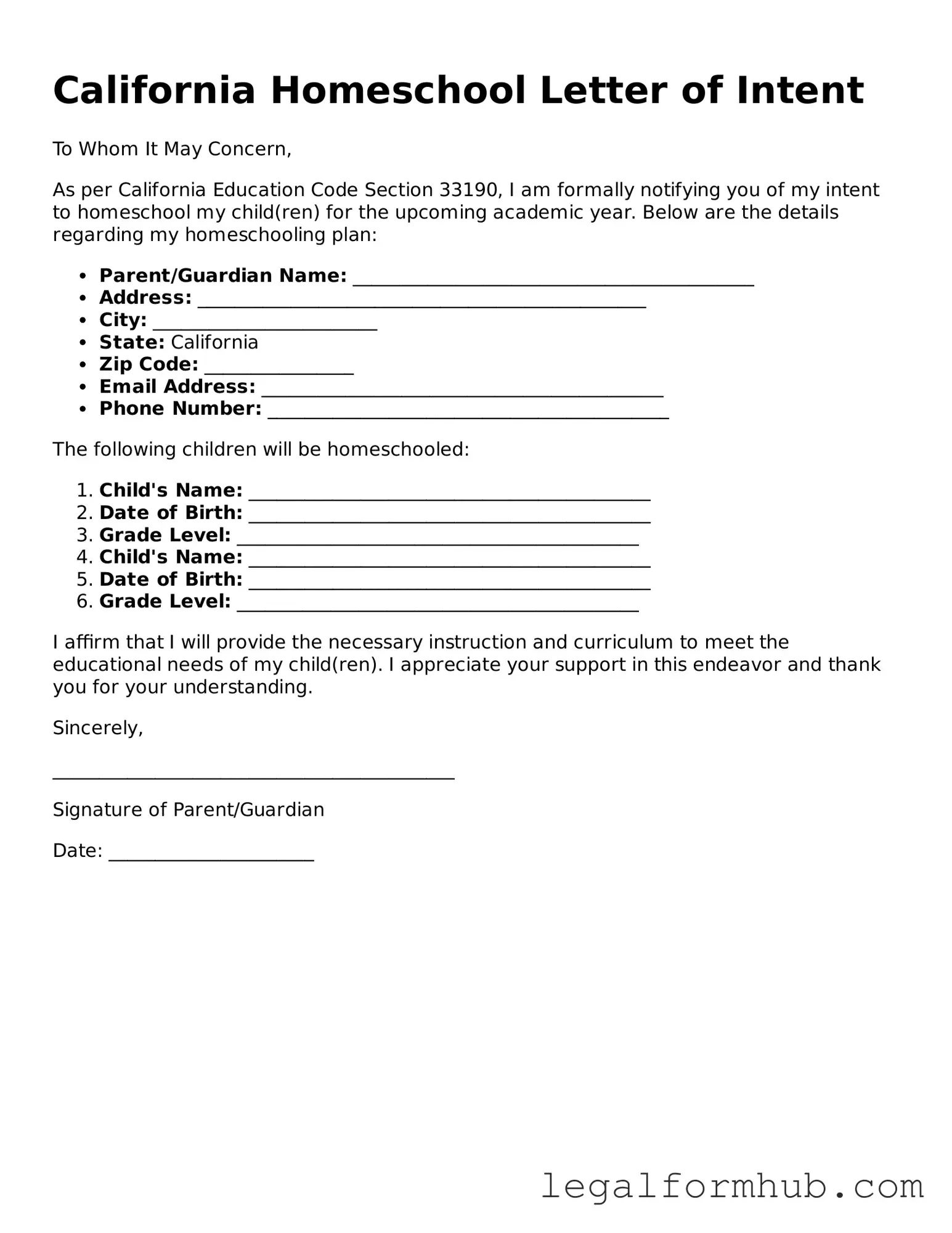 Free  Homeschool Letter of Intent Template for California