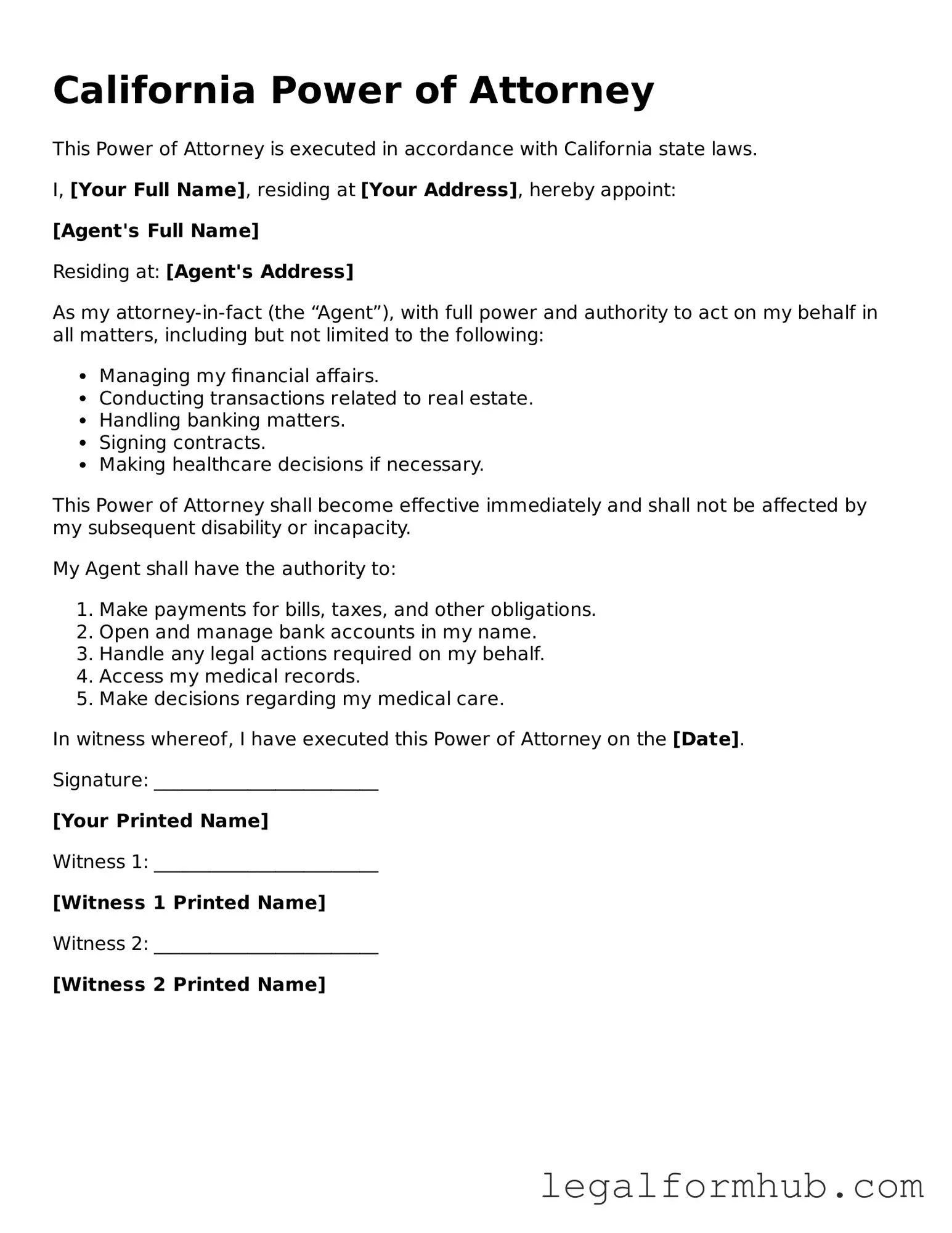 Free  Power of Attorney Template for California