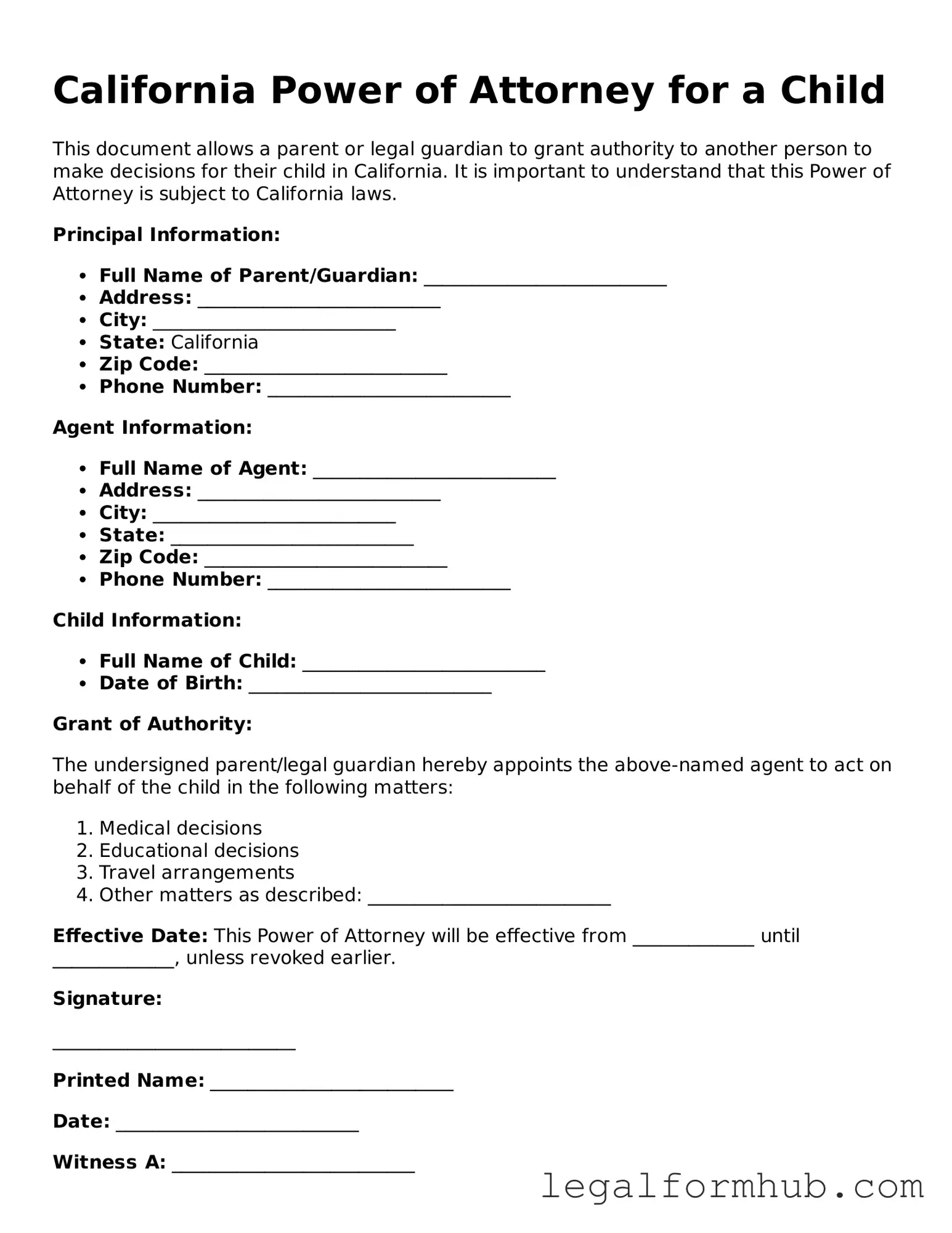 Free  Power of Attorney for a Child Template for California