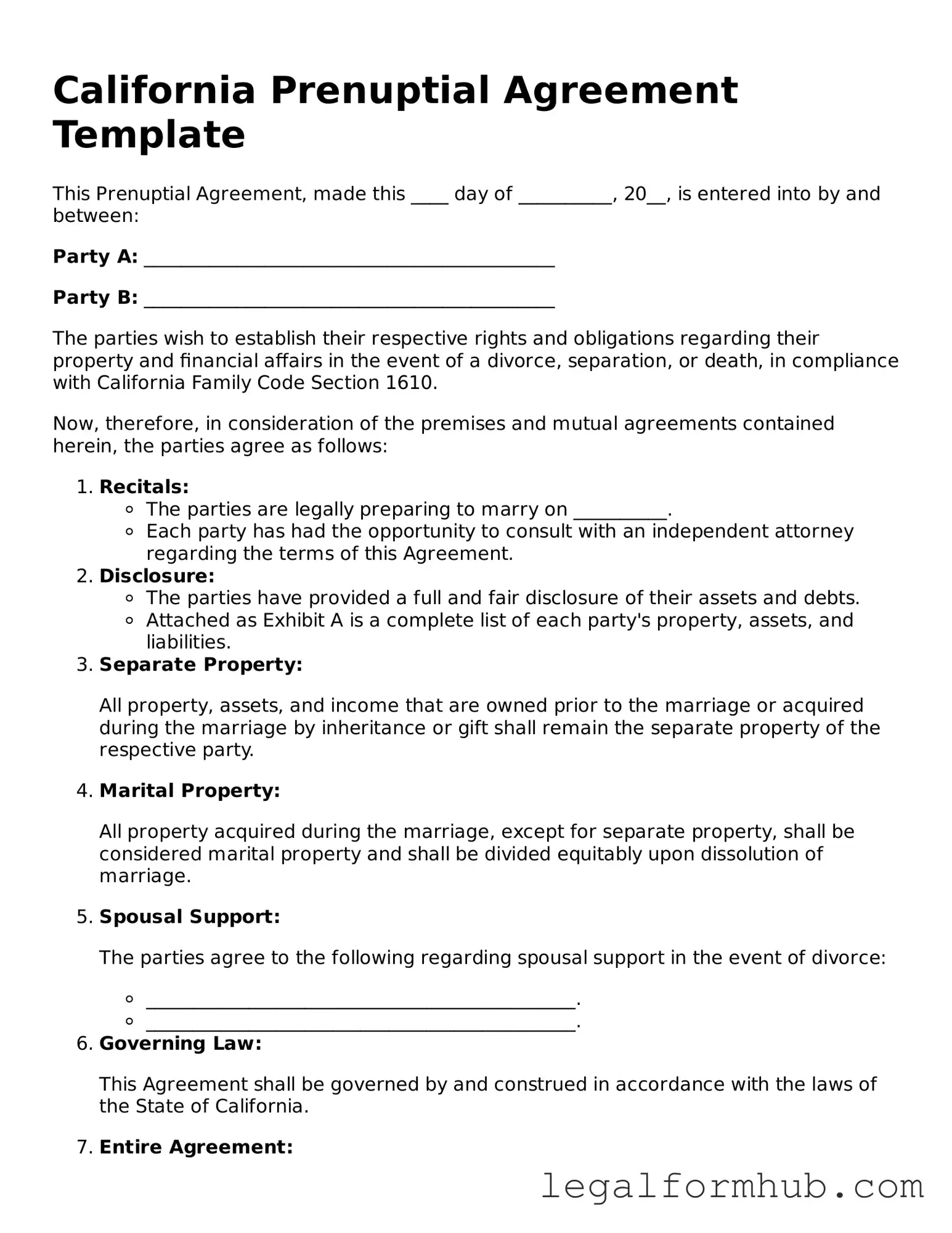 Free  Prenuptial Agreement Template for California