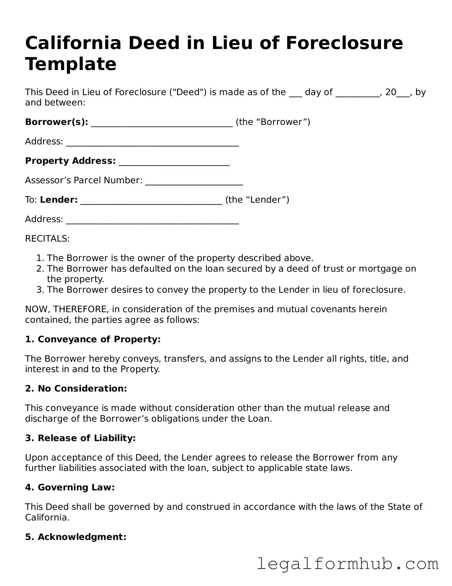 Free  Deed in Lieu of Foreclosure Template for California