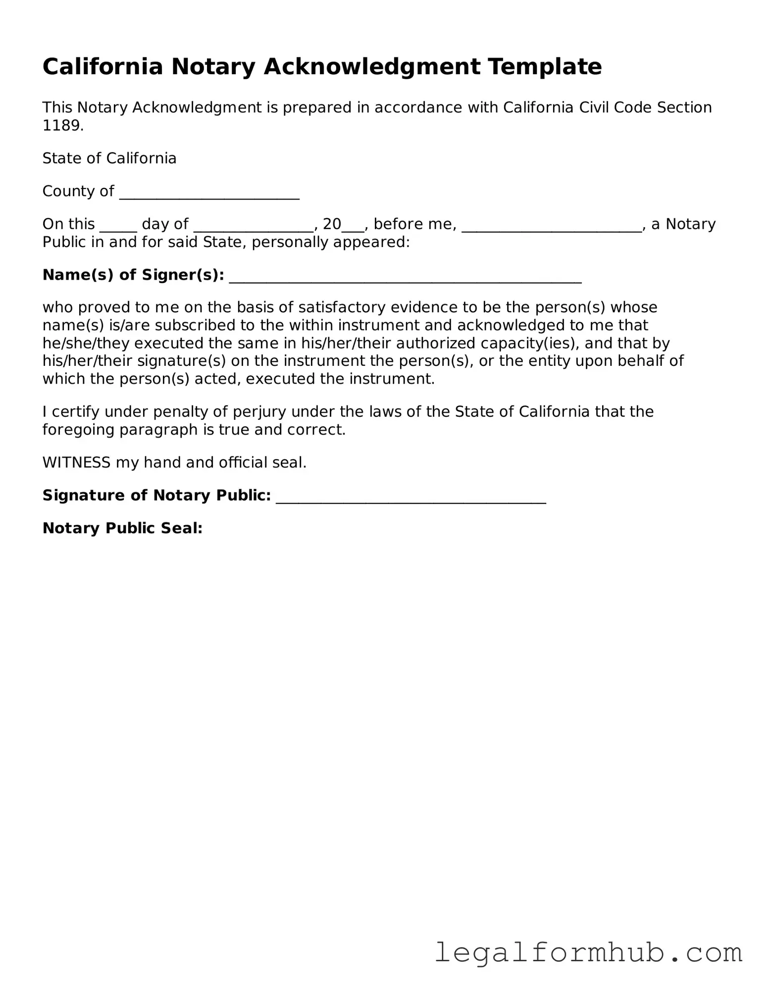 Free  Notary Acknowledgement Template for California